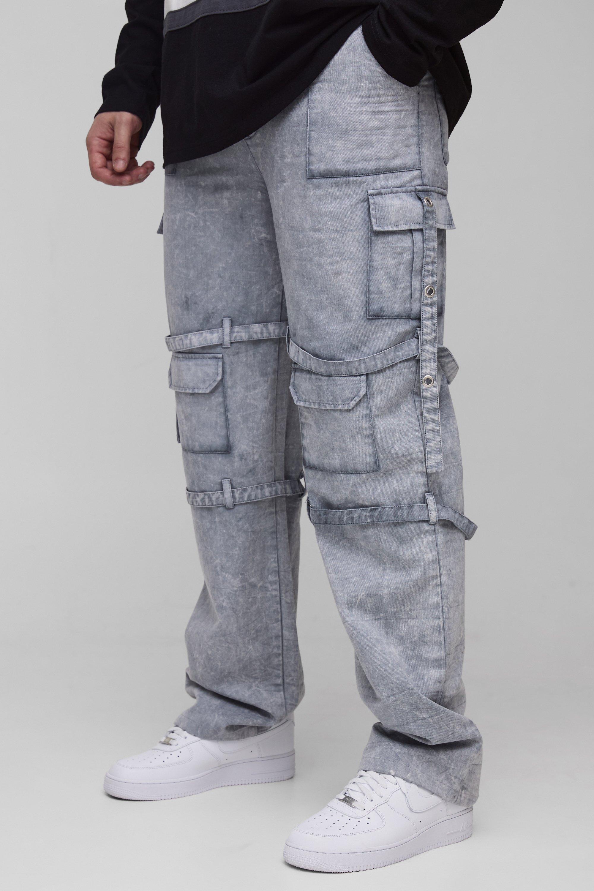 Boohoo Tall Baggy Acid Wash Gebleekte Cargo Broek Met Bandjes, Grey