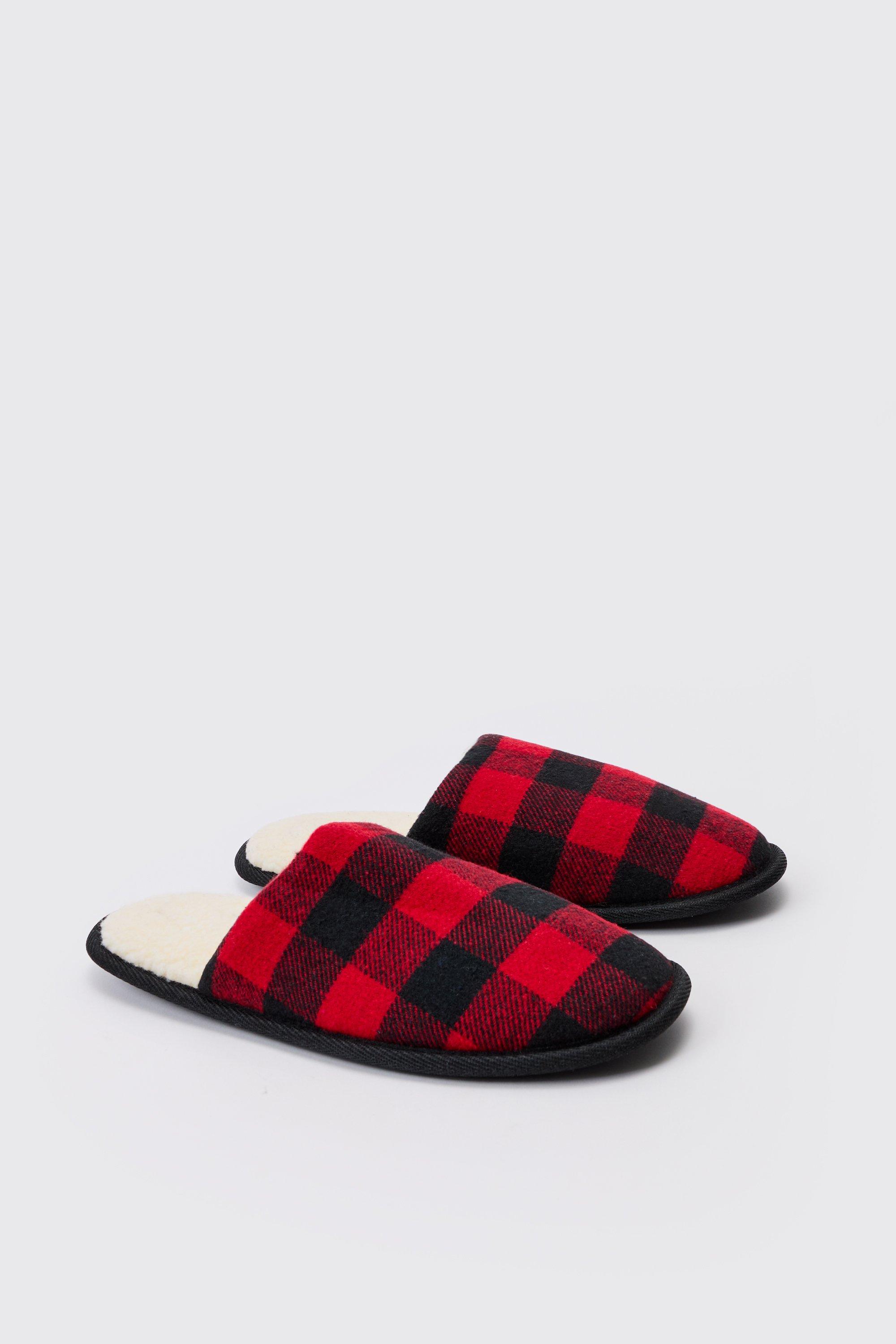 Mens Red Checked Lined Slippers, Red