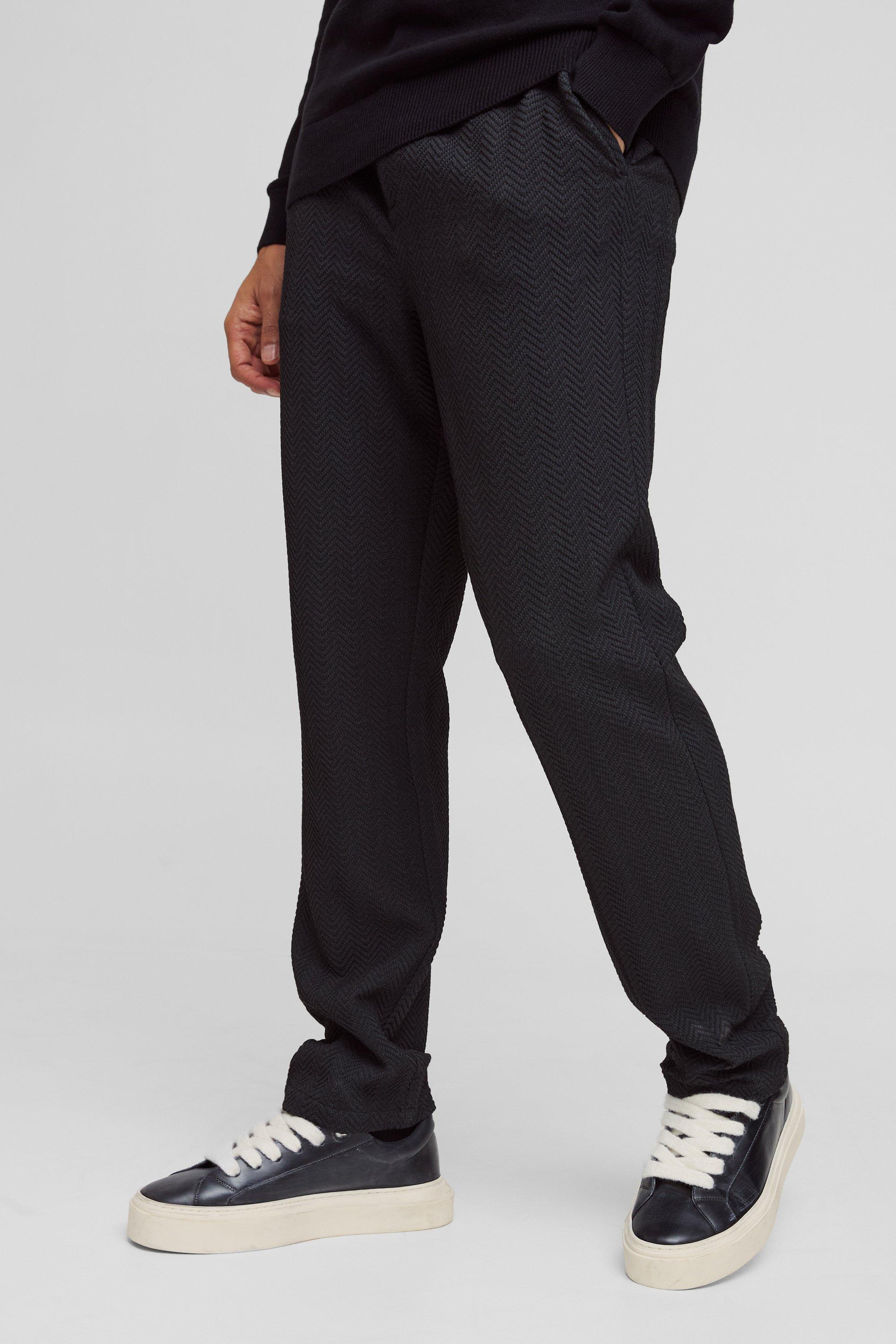 Boohoo Getailleerde Stretch Herringbone Broek Met Half Elastische Tailleband En Rechte Pijpen, Black