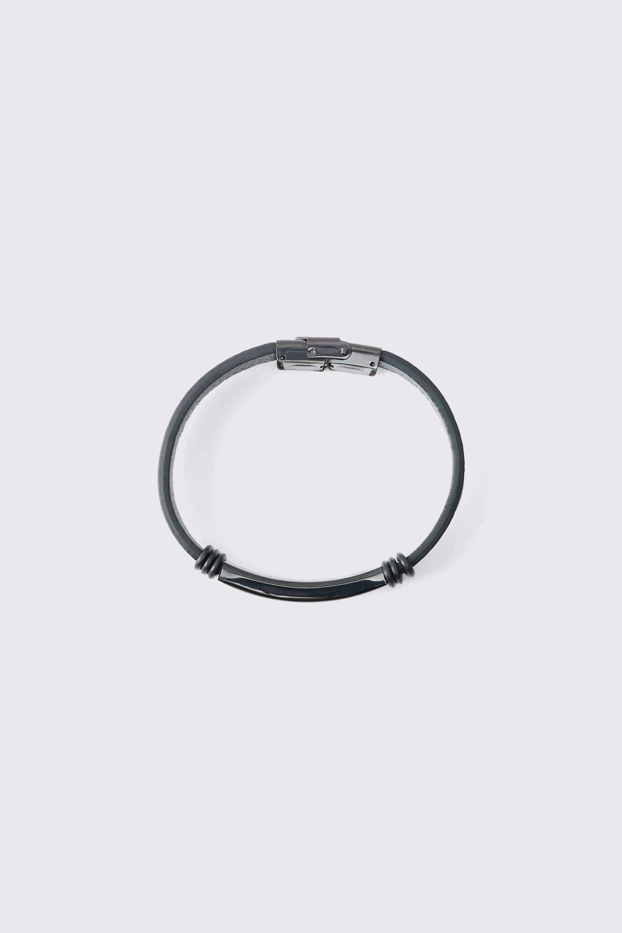 Mens Black Formal Clasp Bracelet With Metal Tab, Black