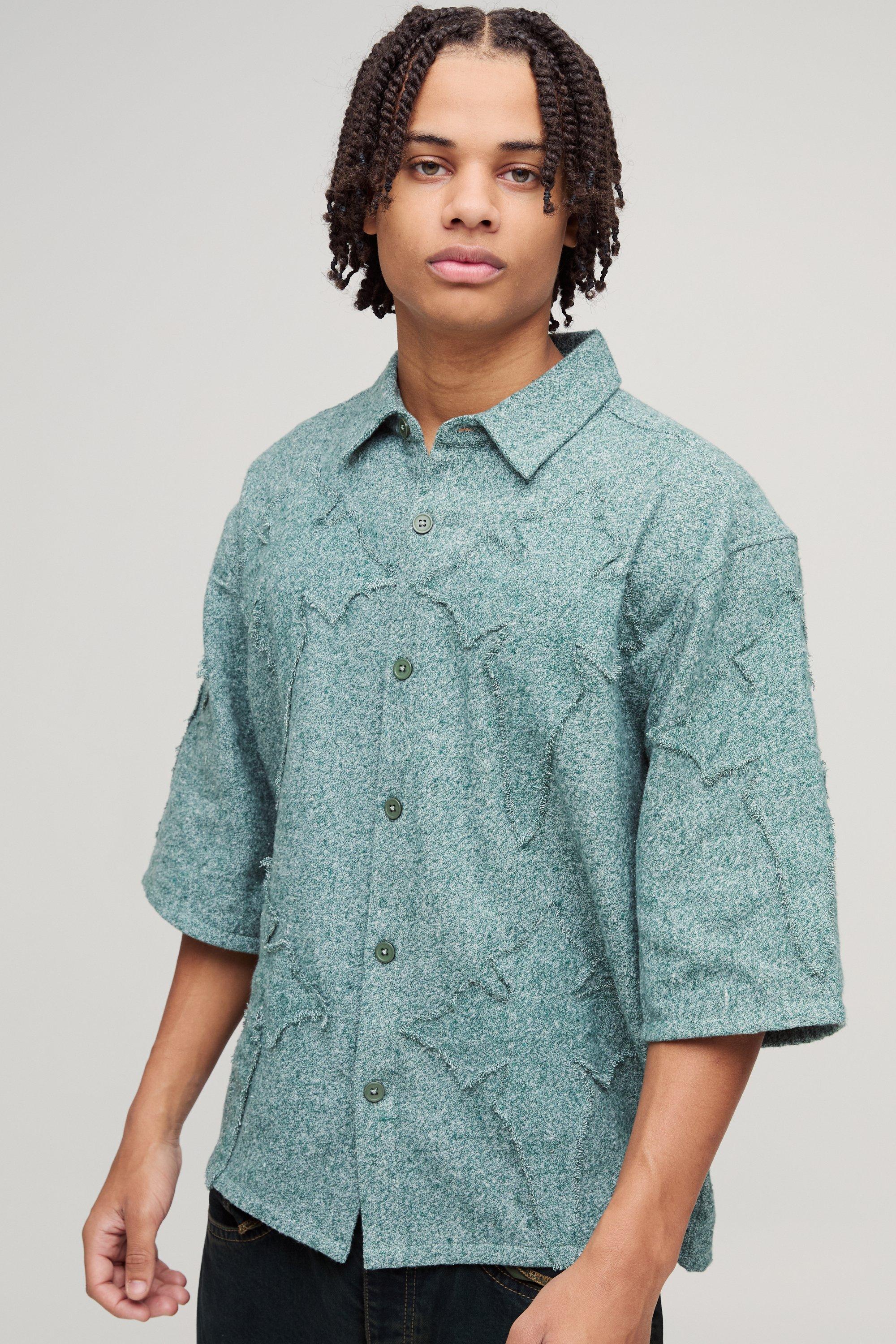 Camicia oversize spazzolata con applique a croce e mezze maniche, Verde