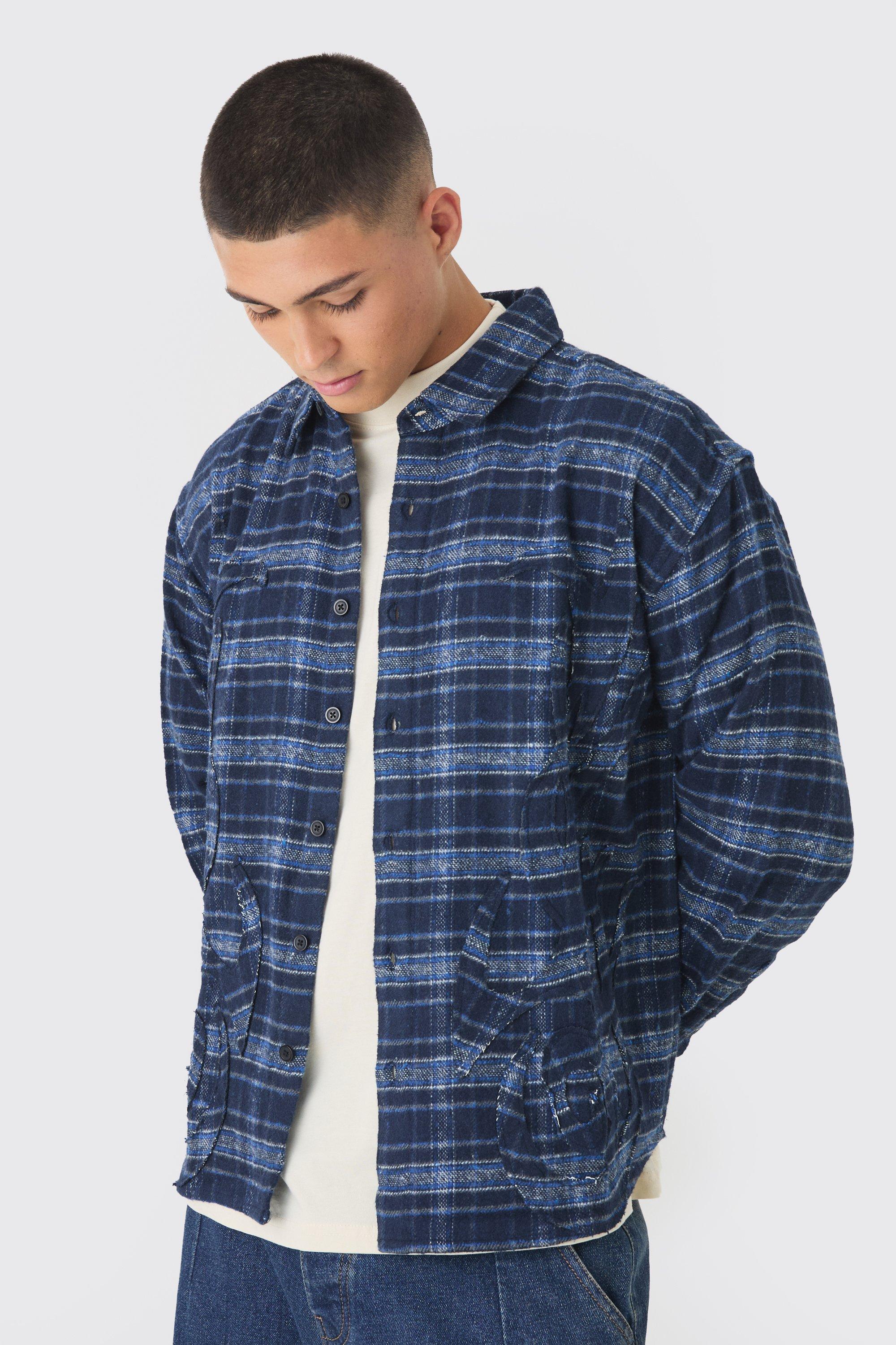 Camicia oversize a quadri con applique di fiamme, Navy