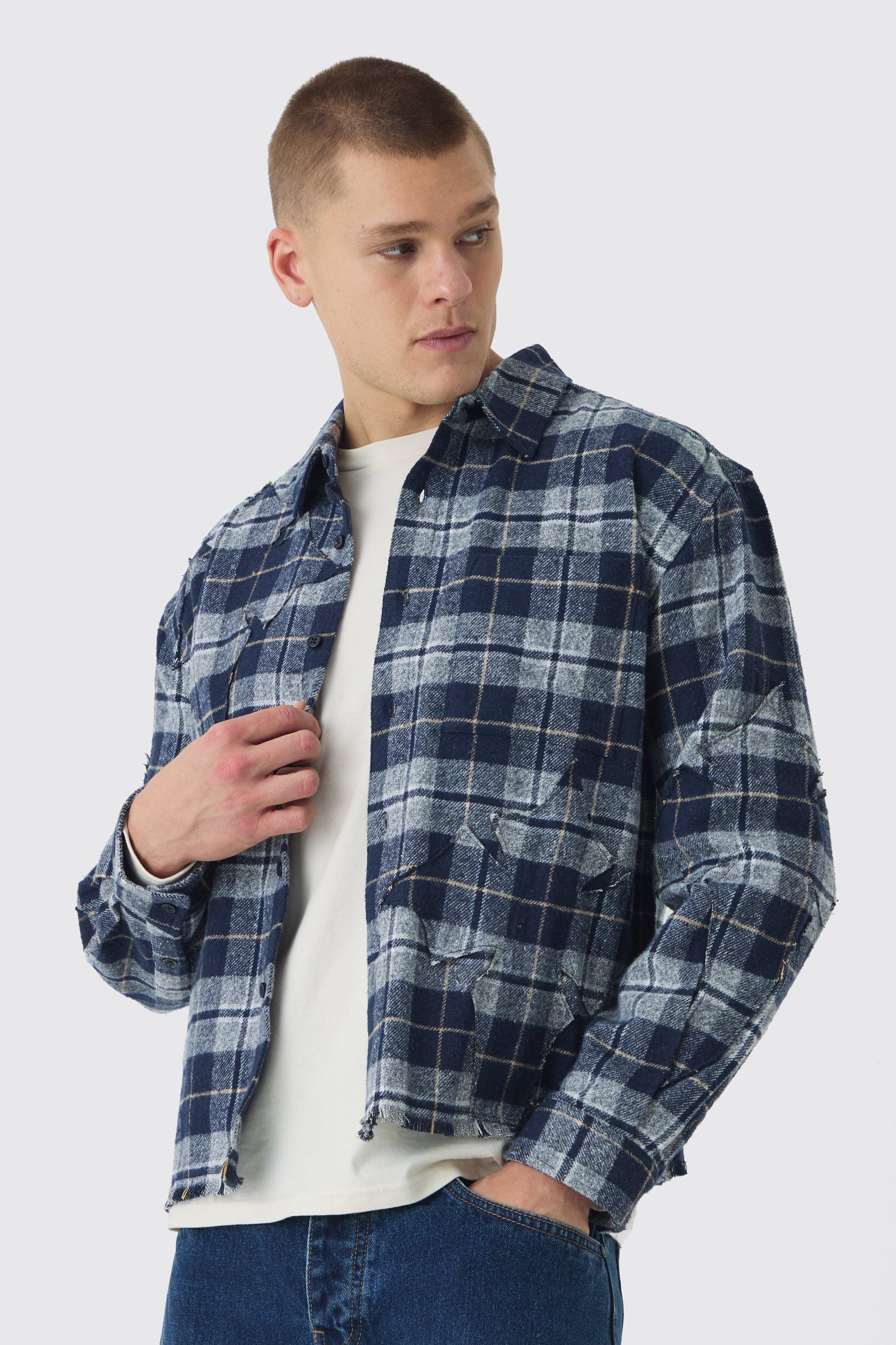 Camicia squadrata oversize a quadri con applique a croce, Azzurro