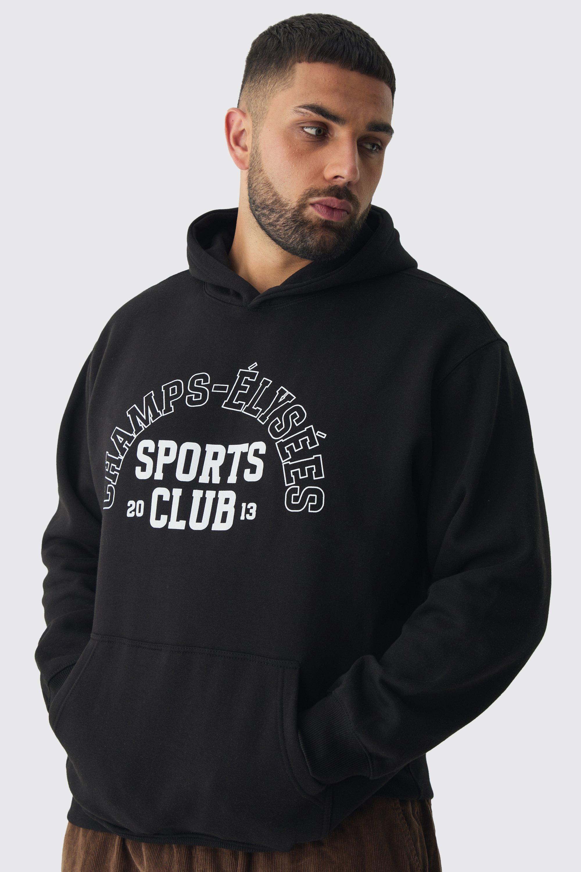 Mens Black Plus Sports Club Varsity Oversized Hoodie, Black