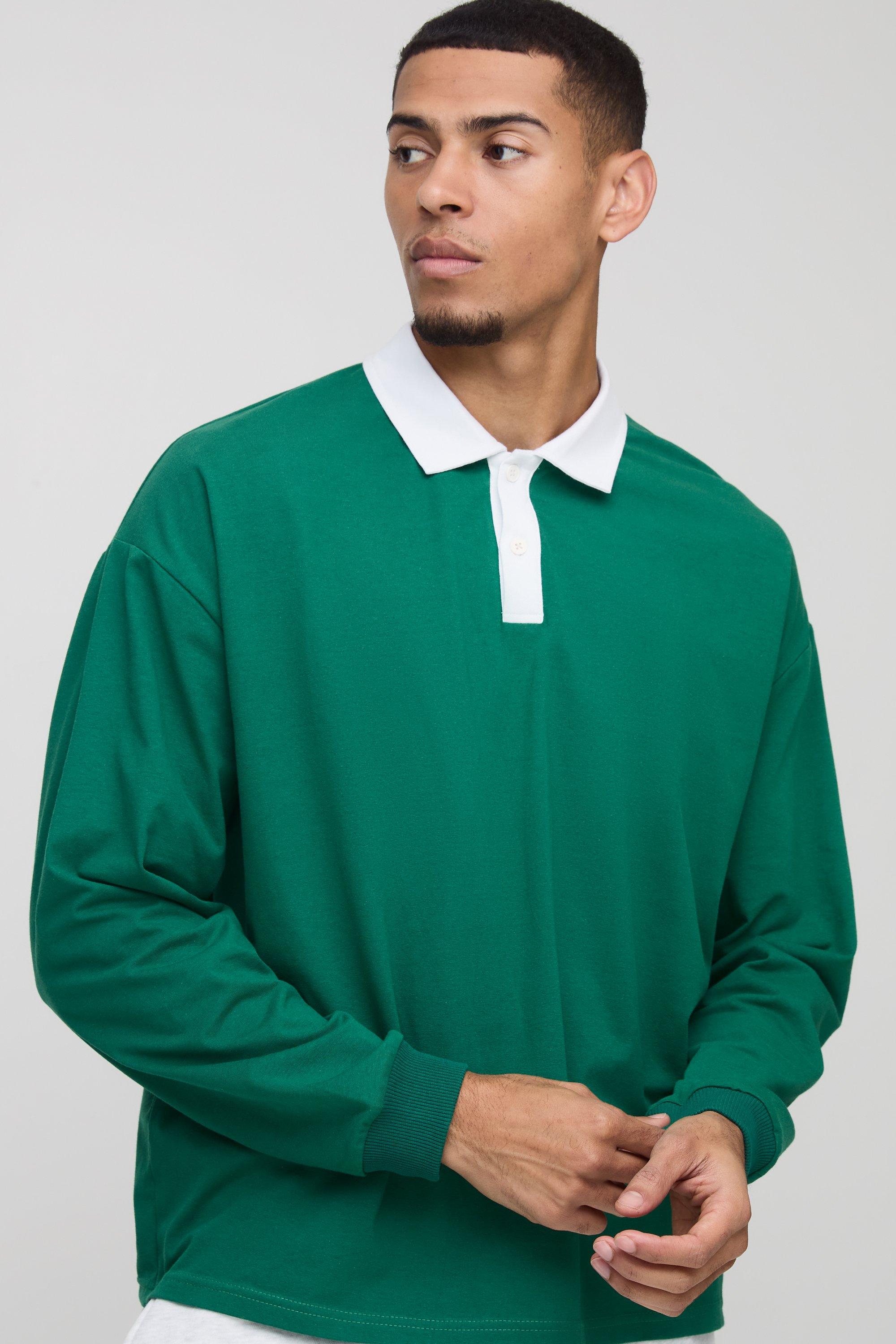 Polo squadrata oversize a maniche lunghe con rever a contrasto, Verde