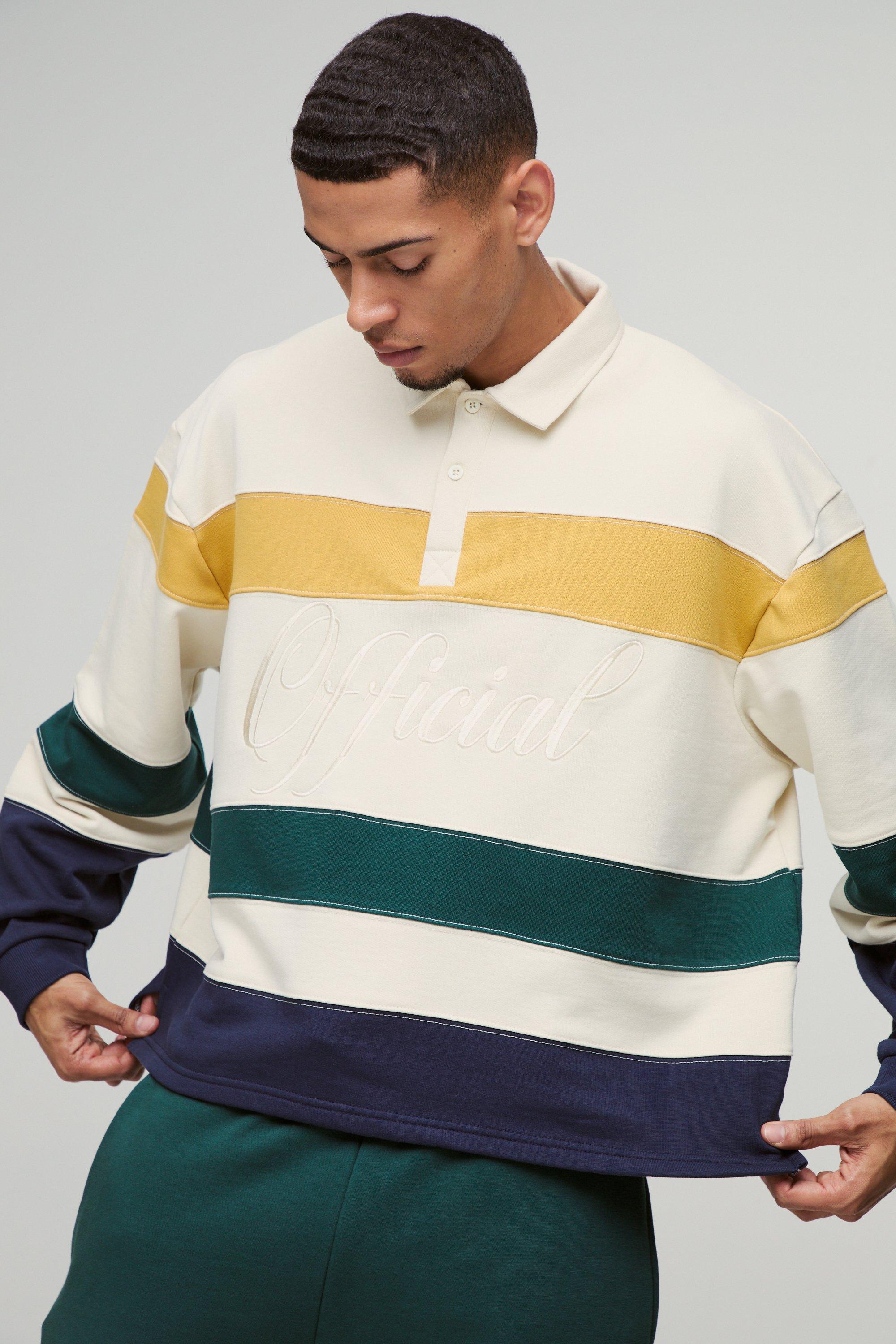 Mens Green Oversized Boxy Stripe Embroidered Rugby Polo Sweatshirt, Green