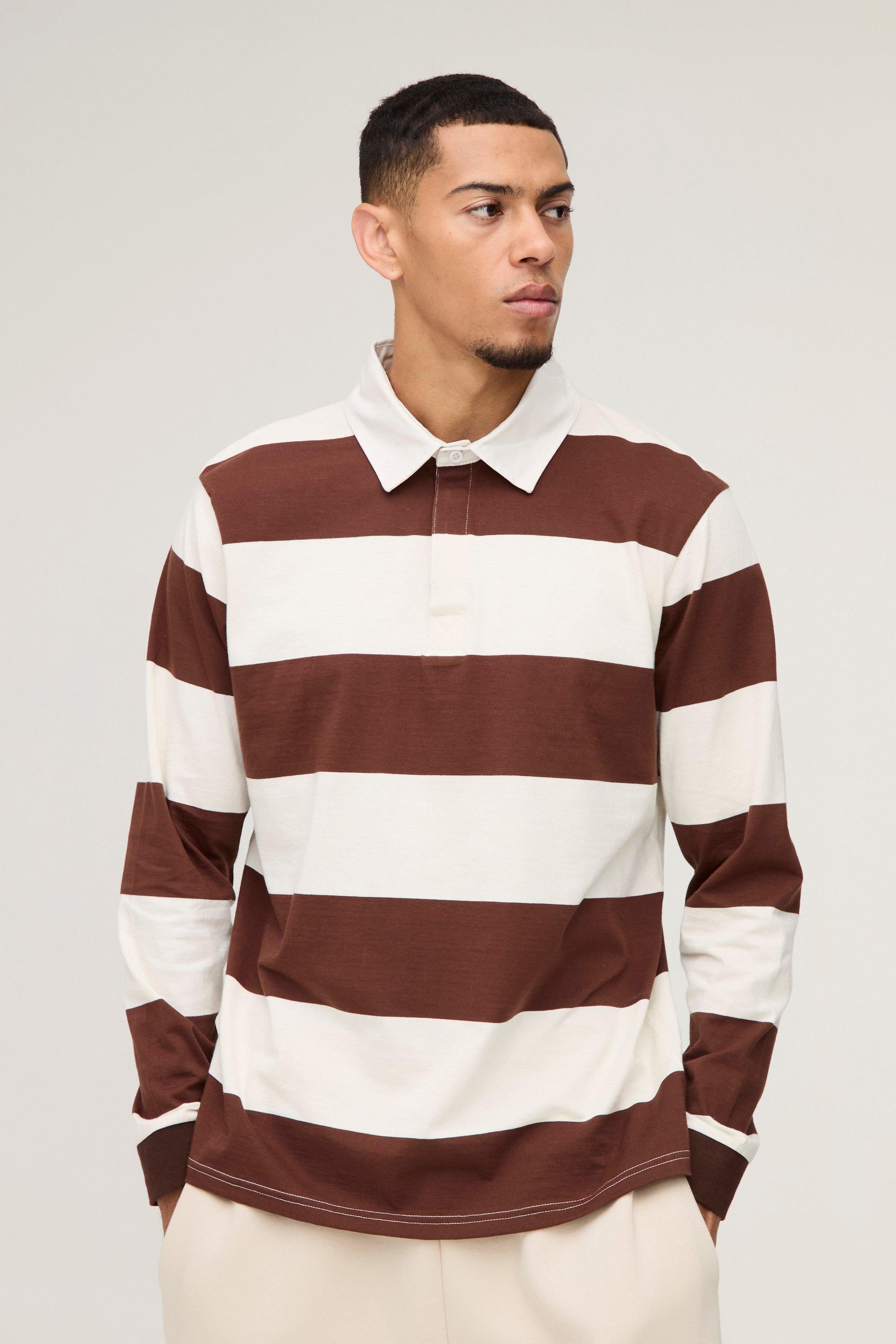 Image of Polo da Rugby a maniche lunghe a righe con applique BM, Brown