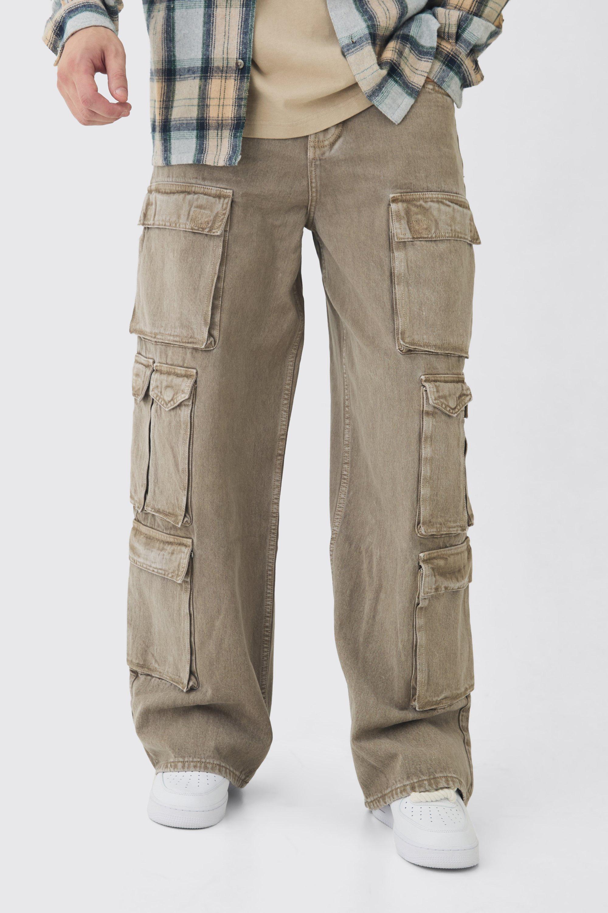 Mens Beige Tall Baggy Fit Washed Multi Pocket Cargo Jeans, Beige