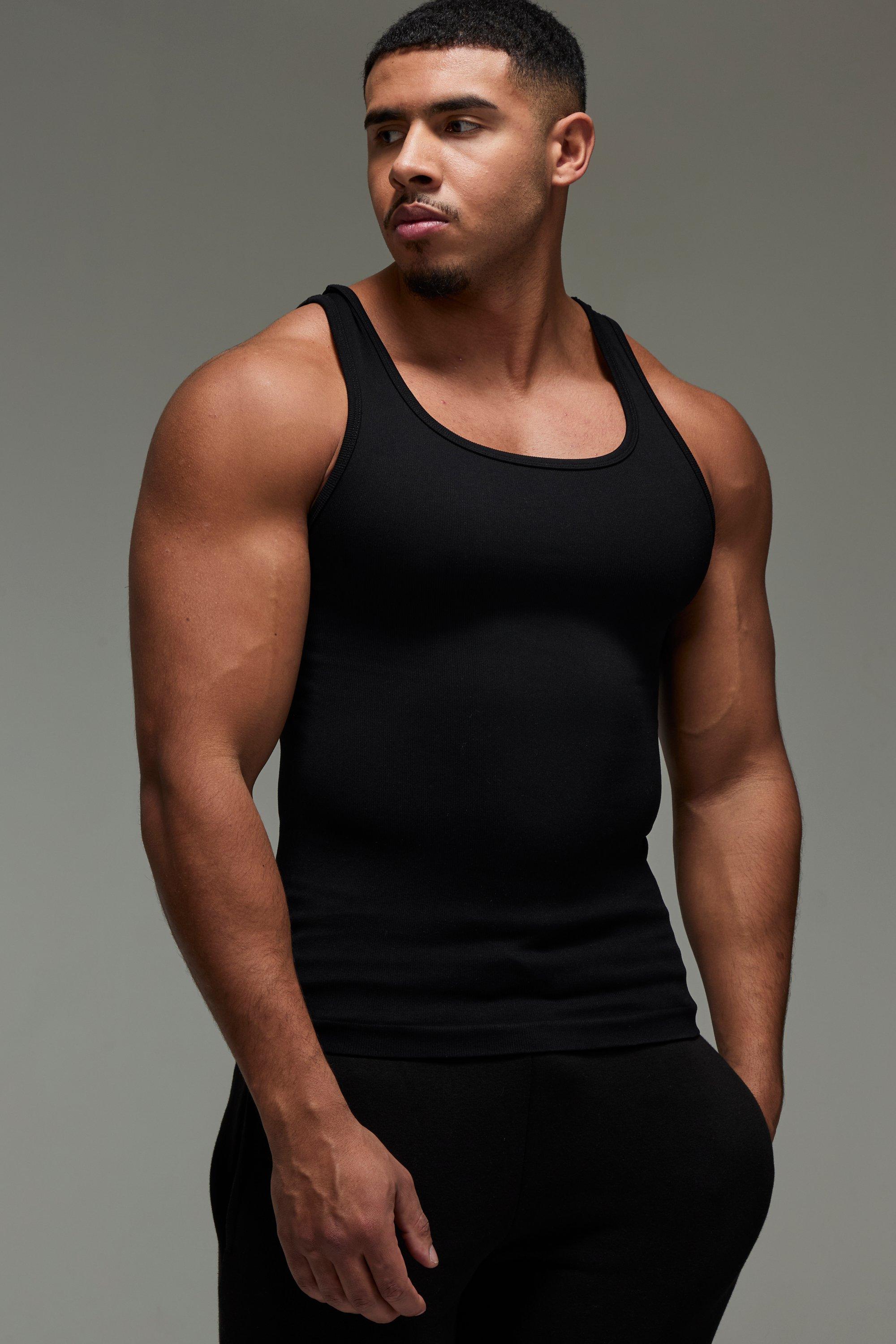 Mens Black Man Active Seamless Rib Muscle Fit Vest, Black