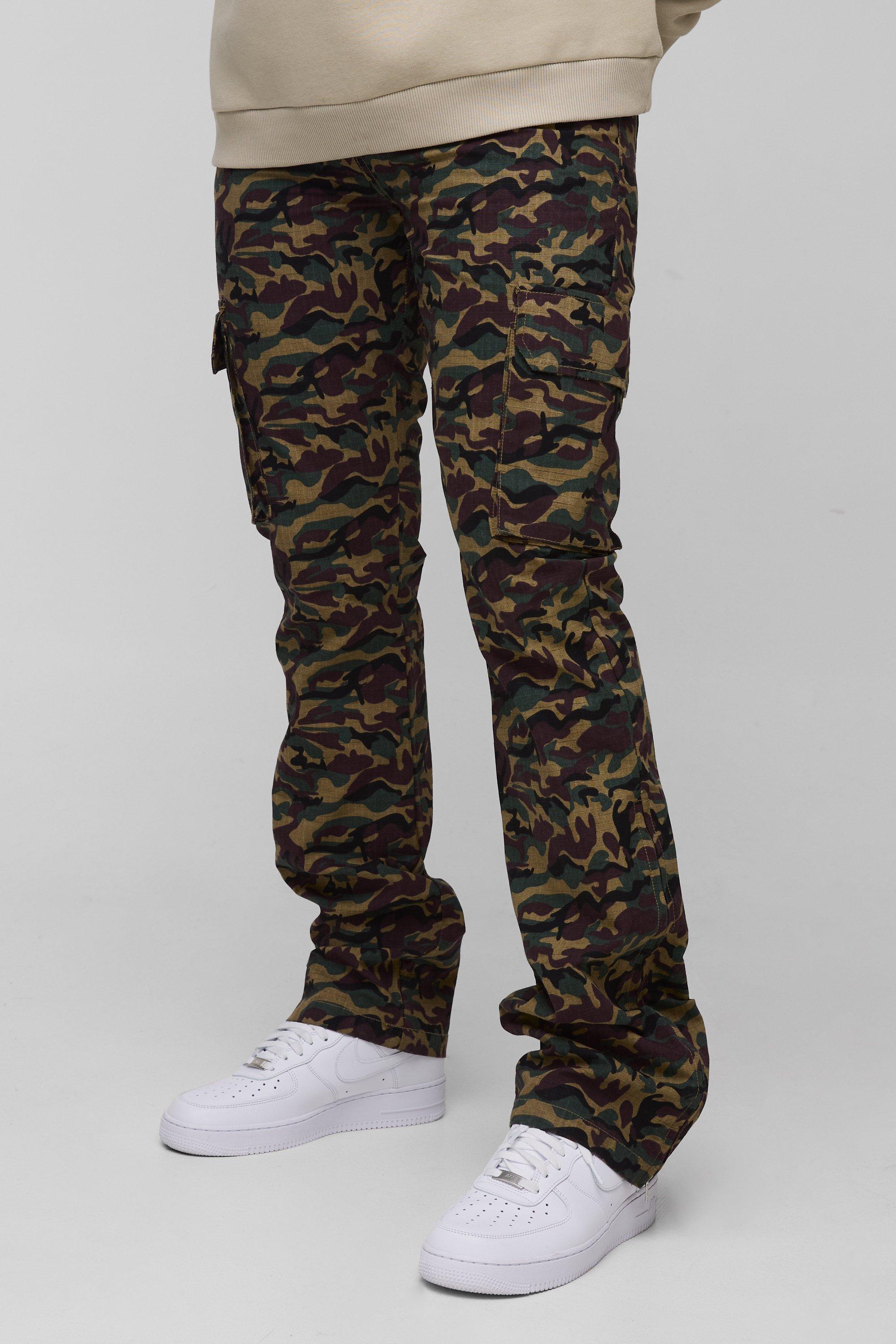Pantaloni Cargo Tall slavati in nylon ripstop con pieghe sul fondo e zip in fantasia militare, Verde