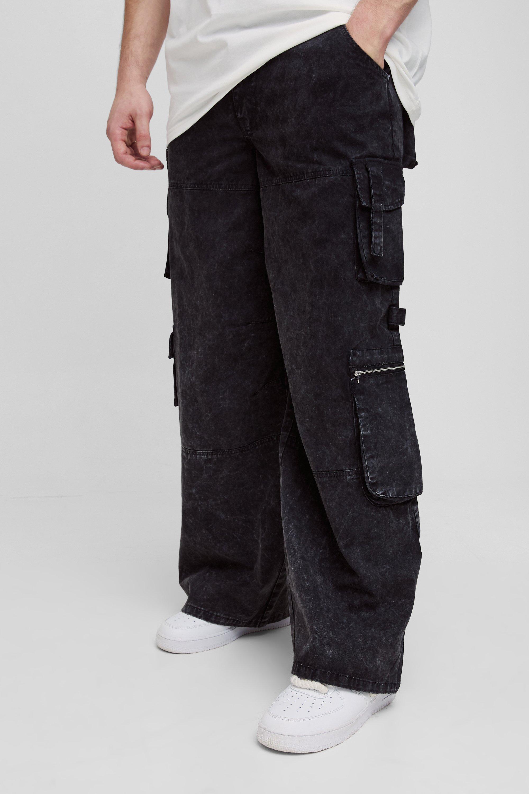 Mens Black Tall Washed Twill Pleat Knee Multi Pocket Baggy Cargo Trousers, Black