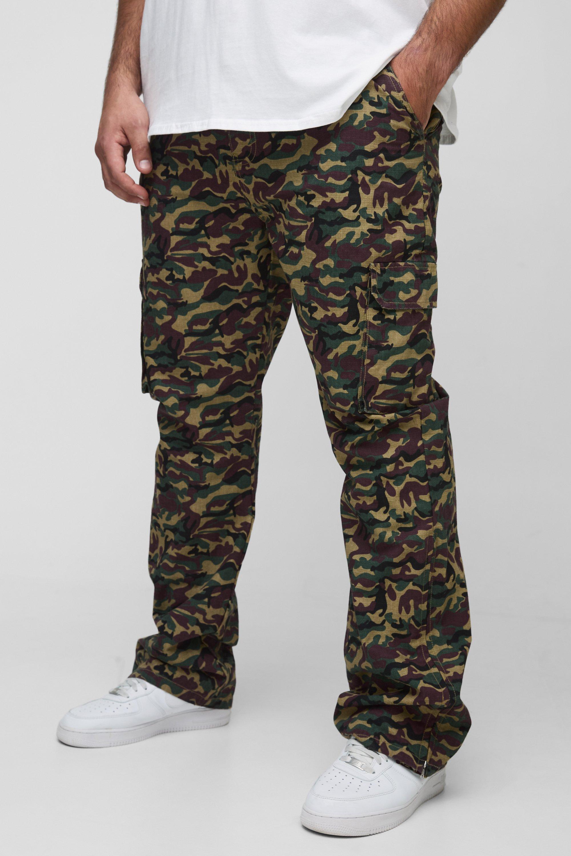 Pantaloni Cargo Plus Size slavati in nylon ripstop in fantasia militare con zip sul fondo, Verde