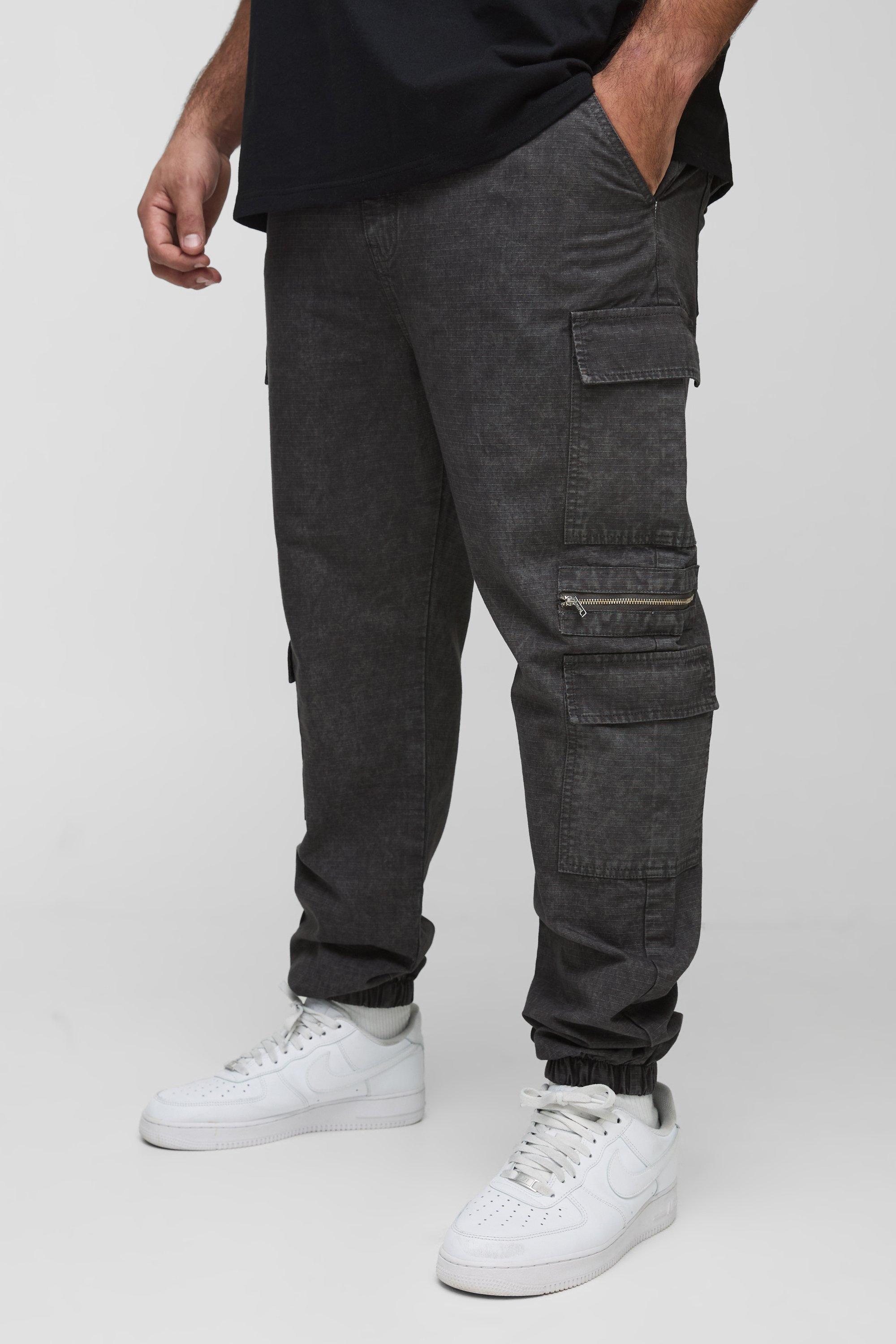 Mens Grey Plus Washed Ripstop Zip Detail Slim Fit Cargo Trousers, Grey