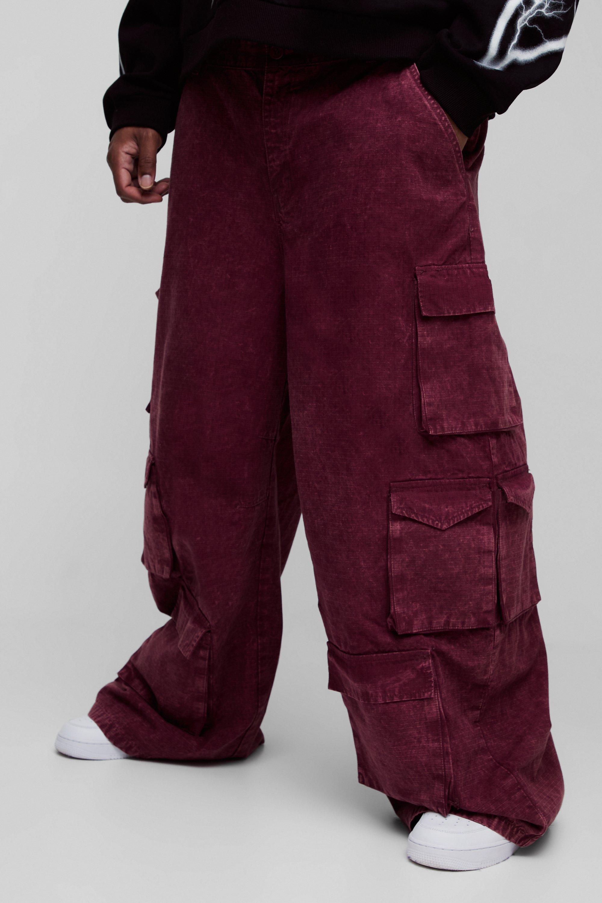 Mens Red Plus Washed Ripstop Multi Cargo Pocket Baggy Trousers, Red