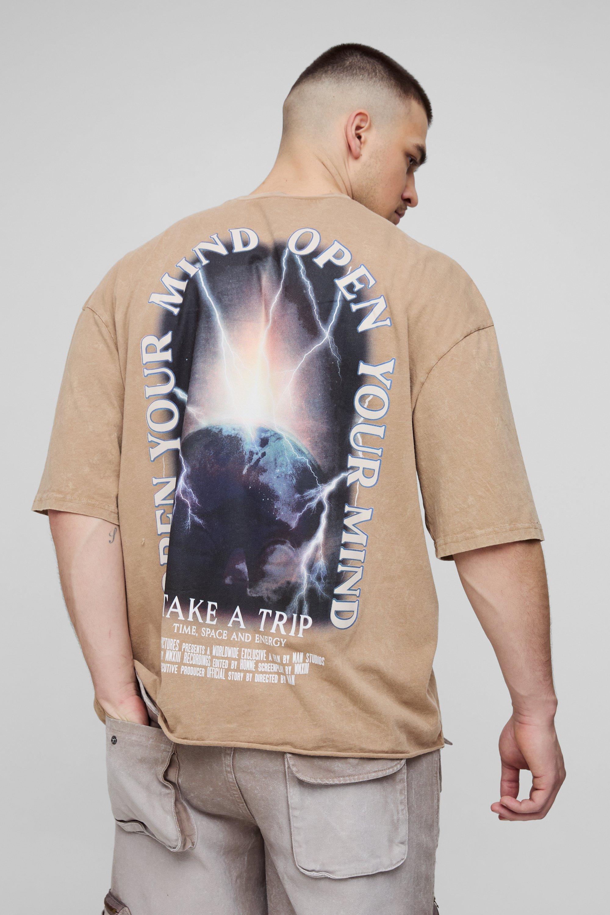 T-shirt Tall squadrata oversize slavata con grafica e fondo grezzo, Brown