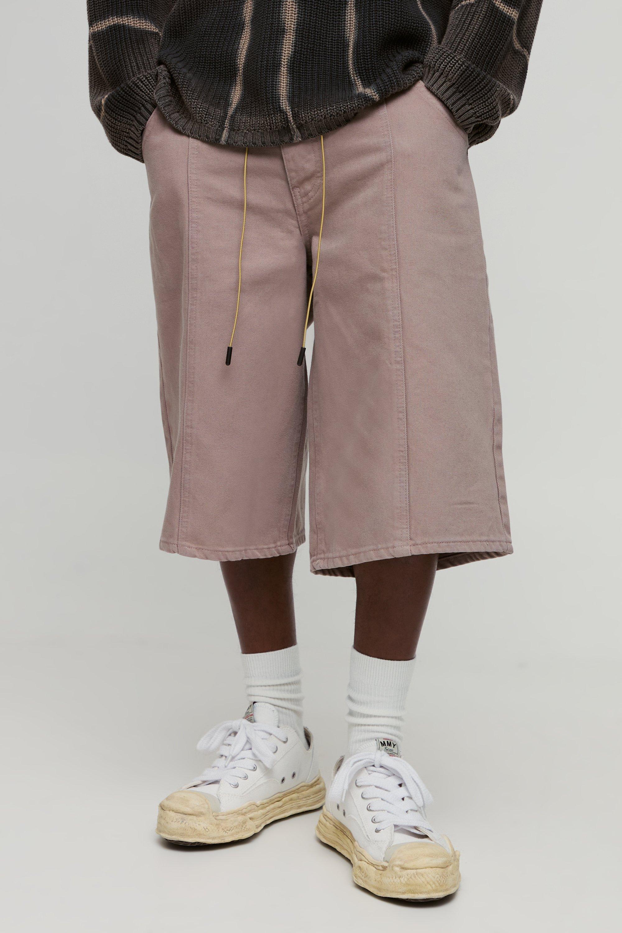 Mens Beige Drawcord Longline Seam Detail Jorts, Beige
