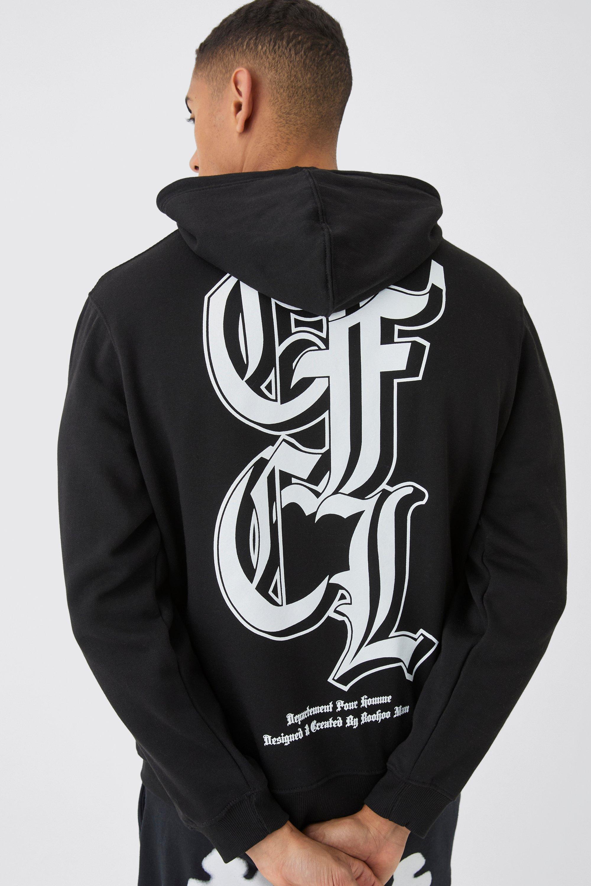 Mens Black Oversized Gothic OFCL Printed Zip Through Hoodie, Black