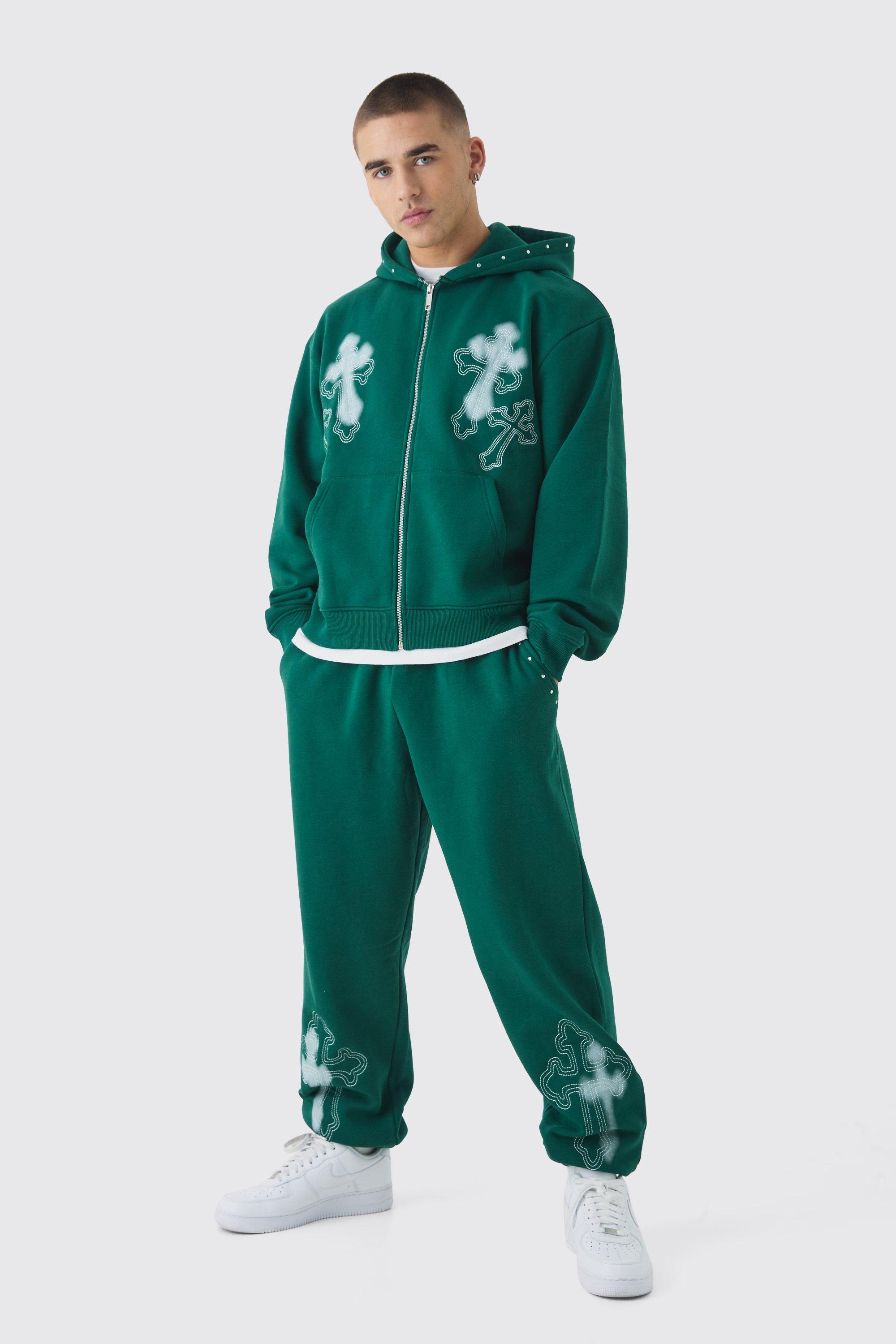 Tuta sportiva squadrata oversize con ricami a croce, zip e cappuccio, Verde