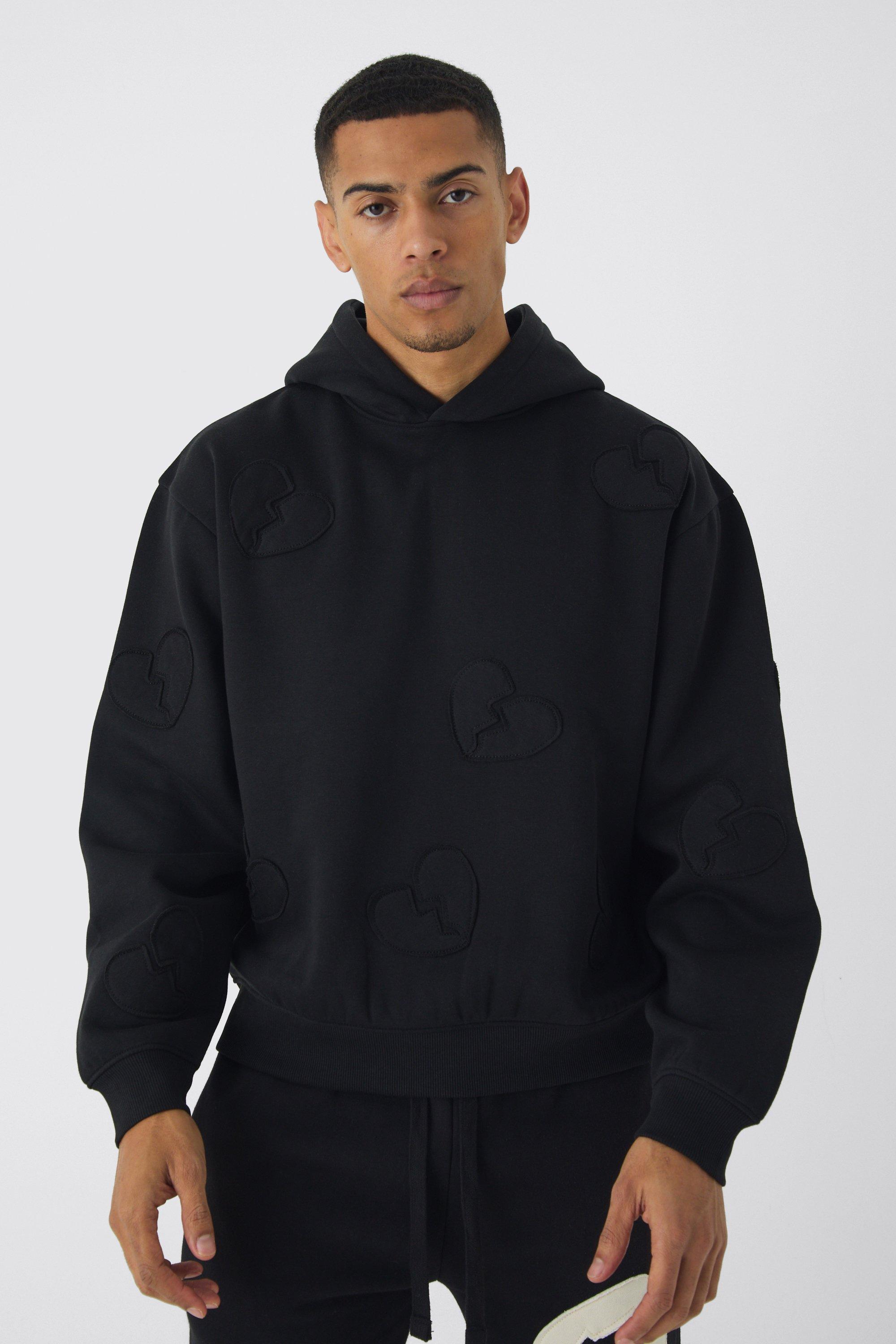 Mens Black Oversized Boxy All Over Heart Applique Hoodie, Black
