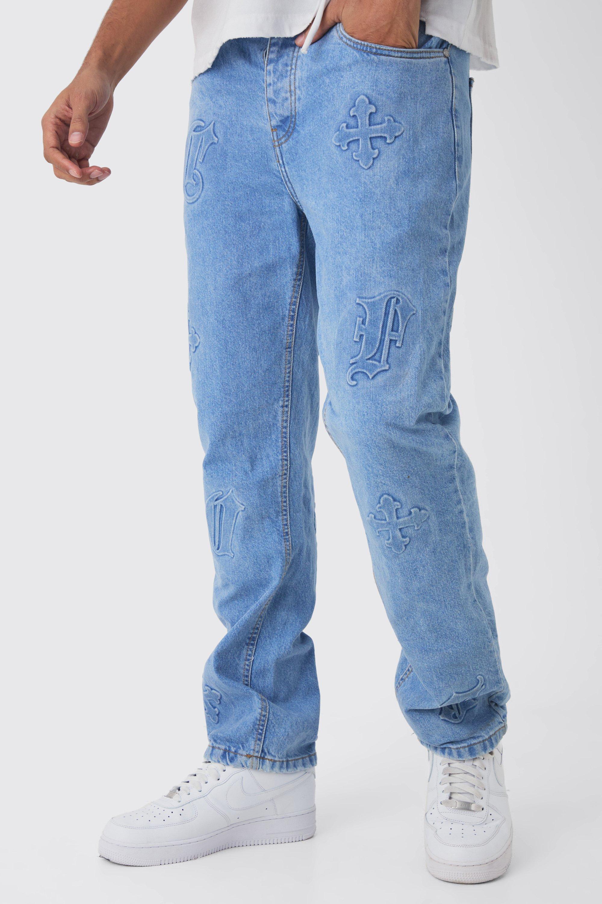 Mens Blue Straight Leg Cross Embossed Jeans, Blue