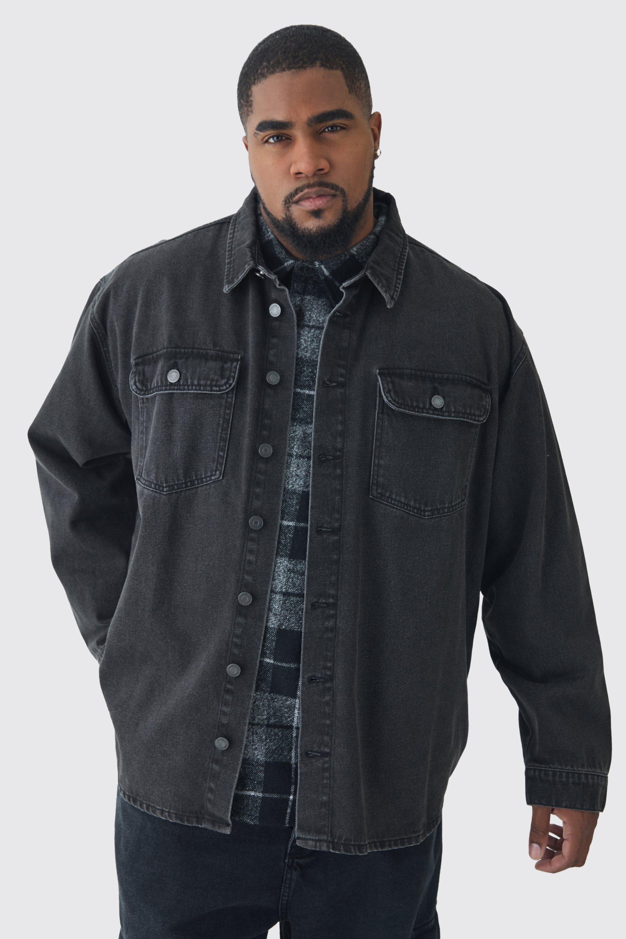Mens Black Plus Oversized Denim Shirt, Black