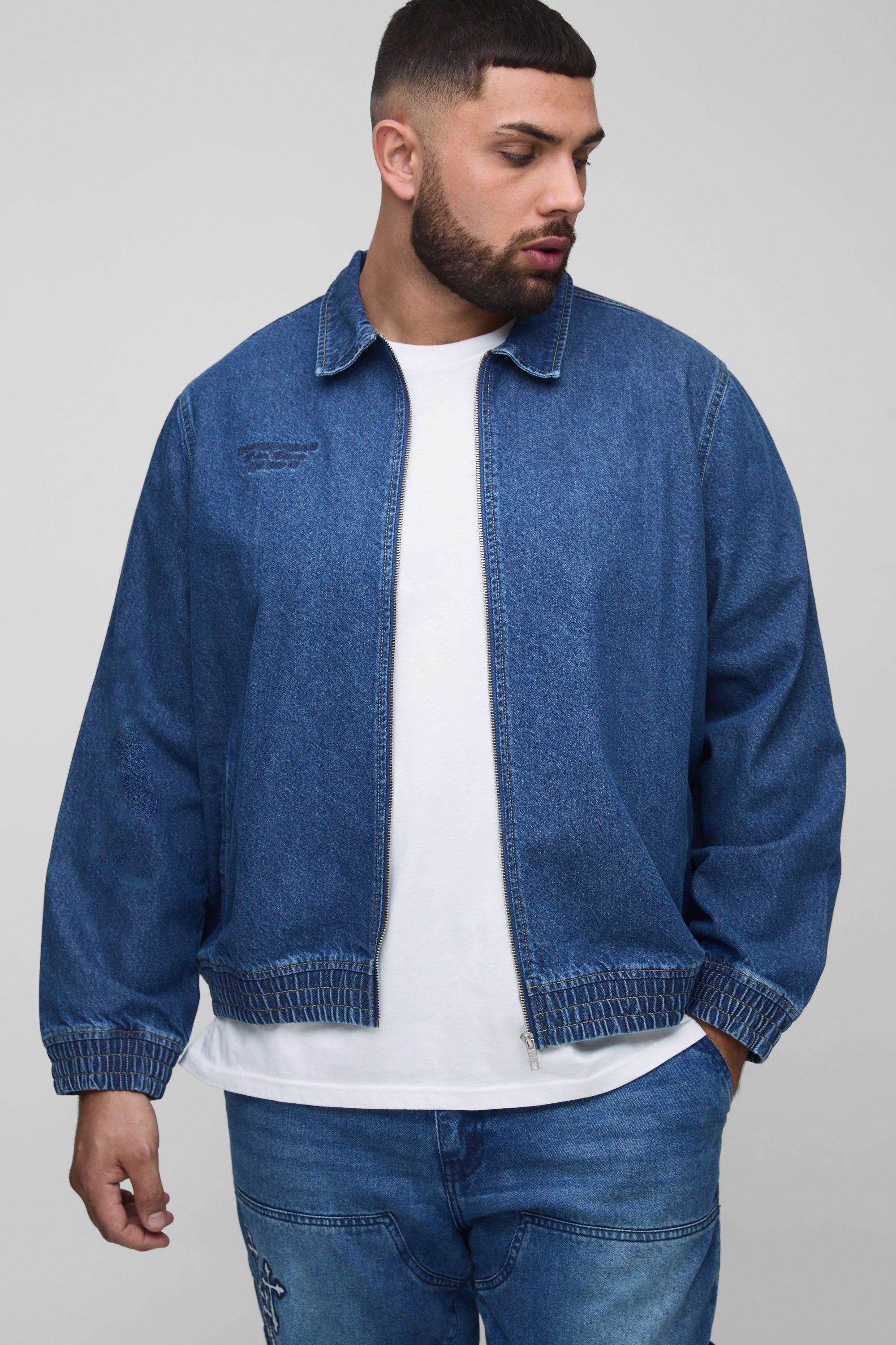 Plus Embroidered Denim Bomber Jacket, Azzurro