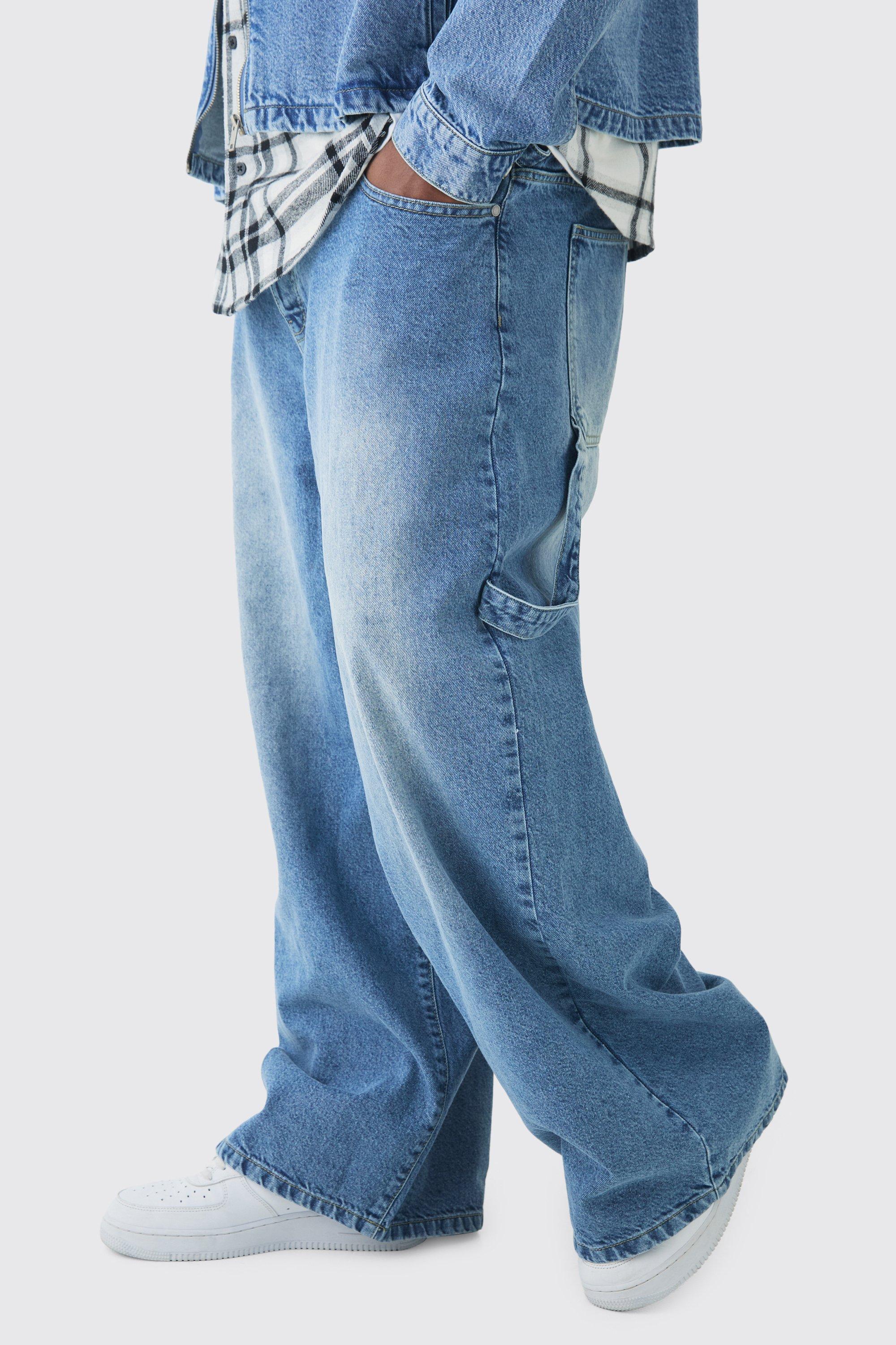 Mens Grey Plus Washed Adjustable Waist Baggy Carpenter Jeans, Grey