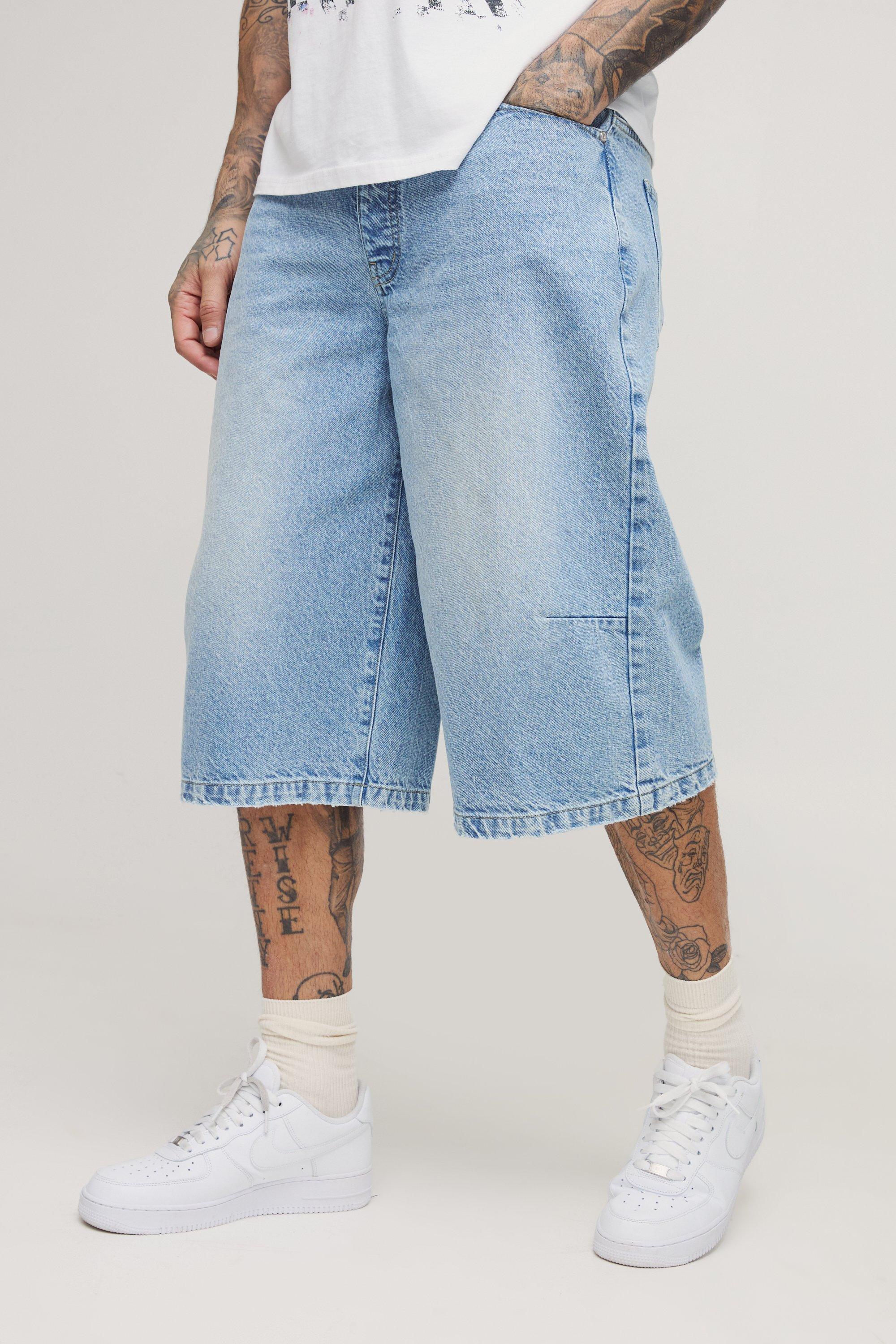 Mens Blue Tall Washed Distressed Hem Jorts, Blue