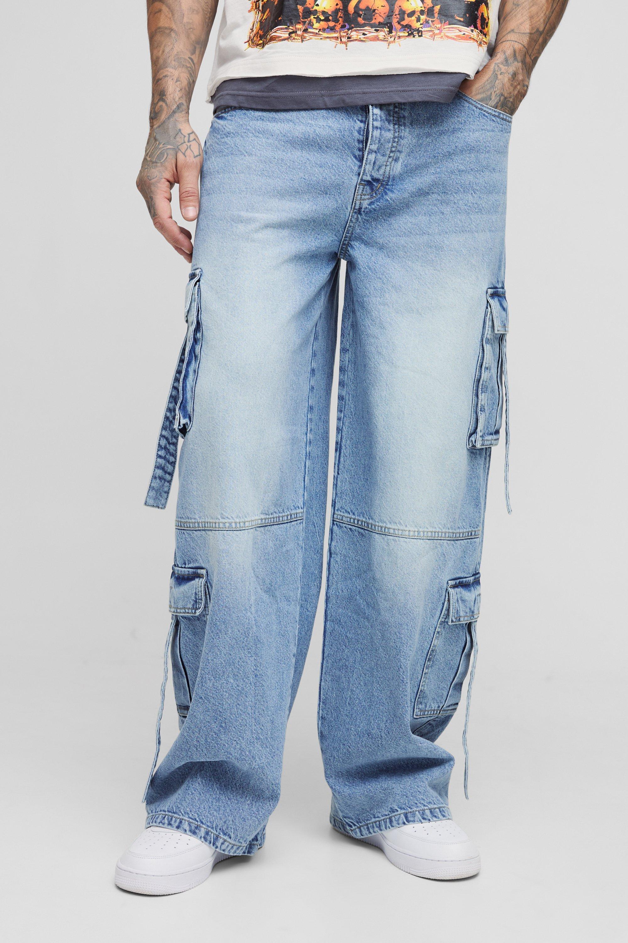 Mens Grey Tall Multi Pocket Baggy Cargo Jeans, Grey