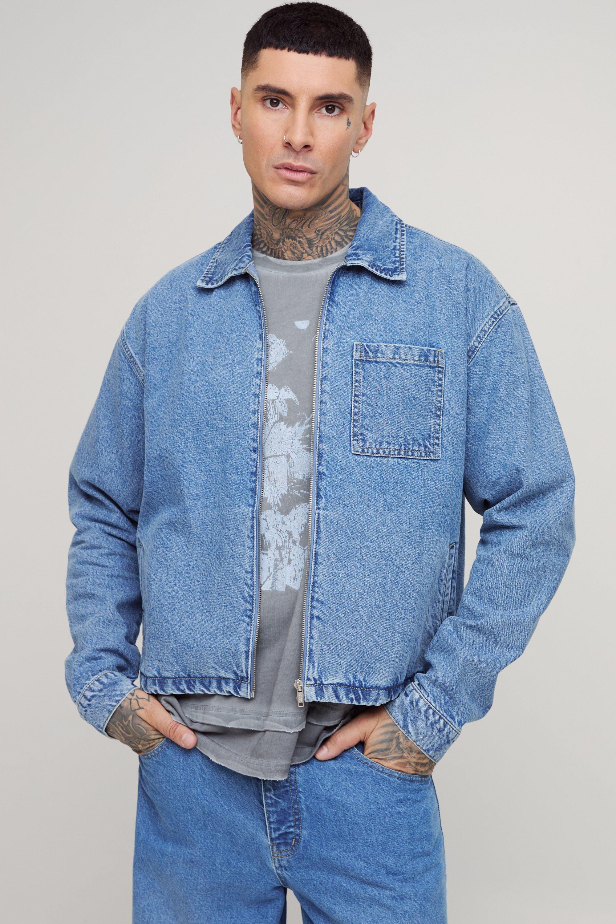Mens Grey Tall Classic Denim Harrington Jacket, Grey