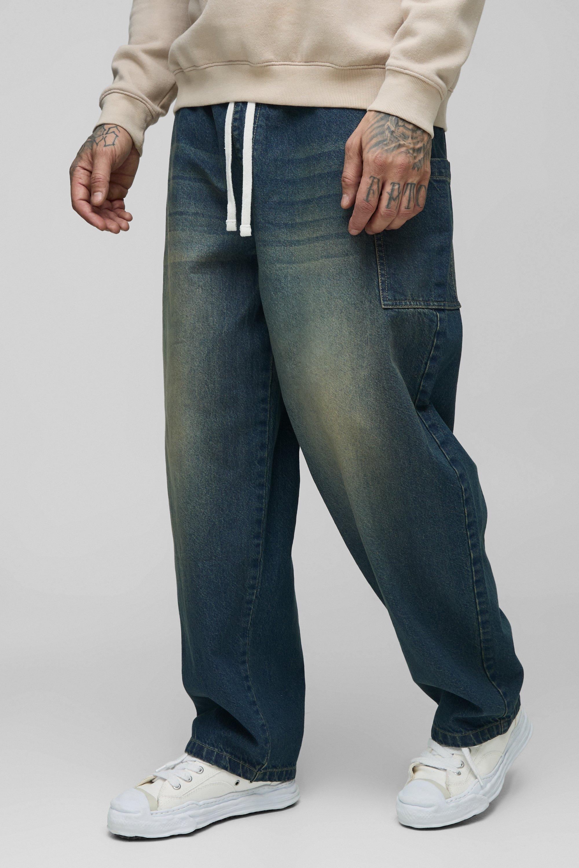 Mens Grey Tall Cargo Pocket Skate Jeans, Grey