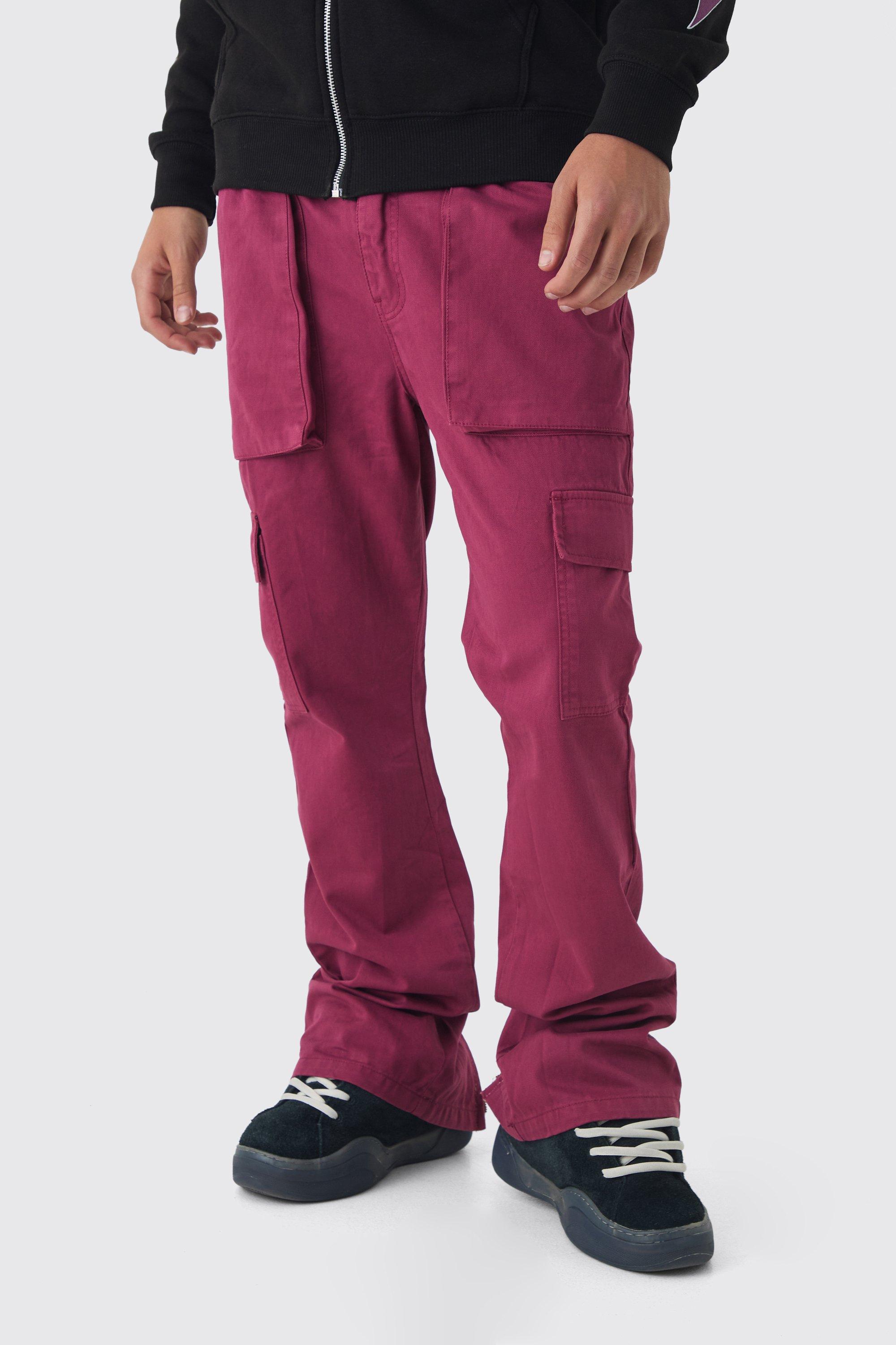 Boohoo Keperstof Slim Fit Cargo Broek Met Wijde Pijpen, Rits En Elastische Taille, Mauve