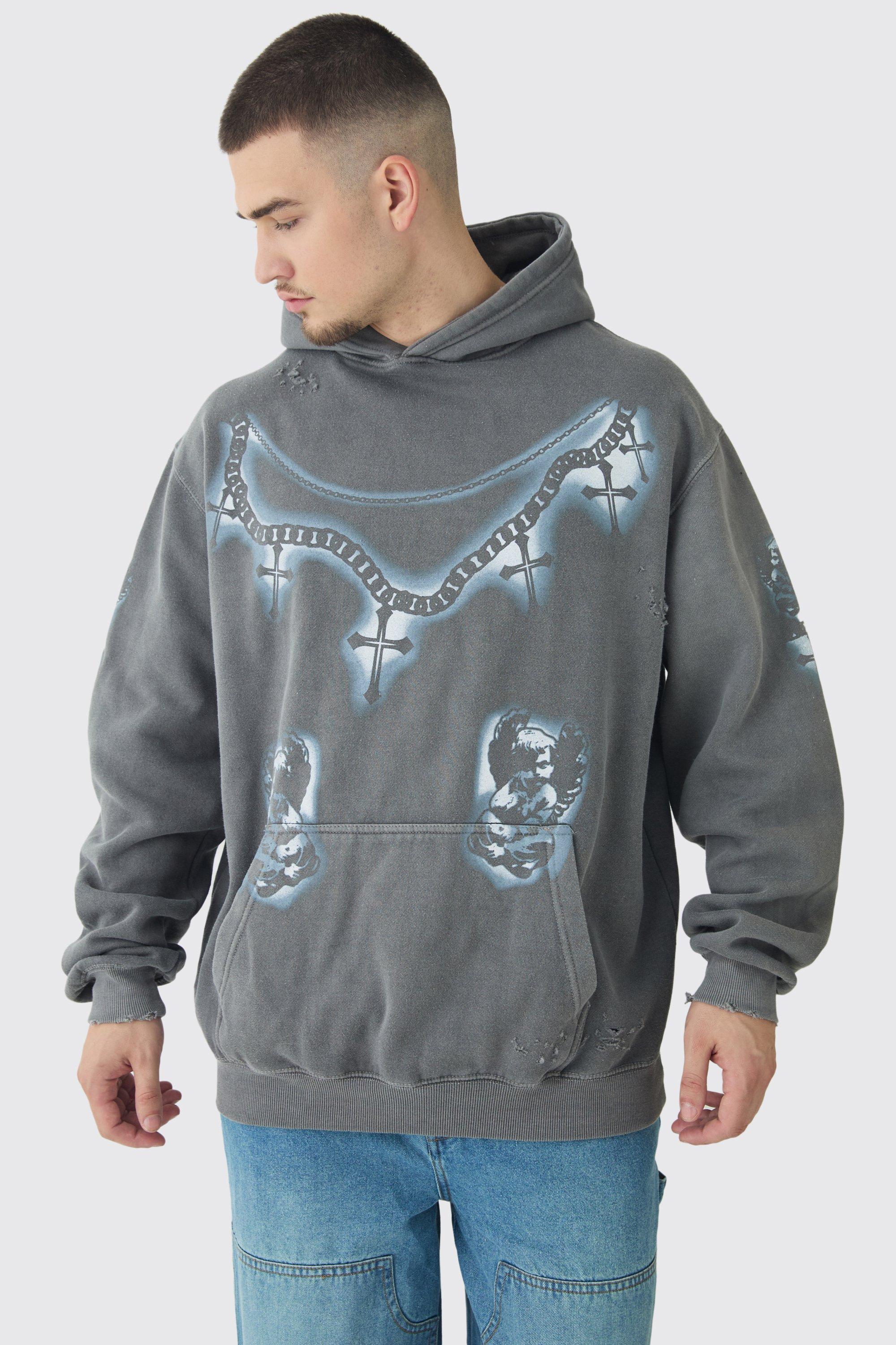 Mens Grey Tall Cross Print Oversized Distressed Washed Hoodie in Charcoal, Grey