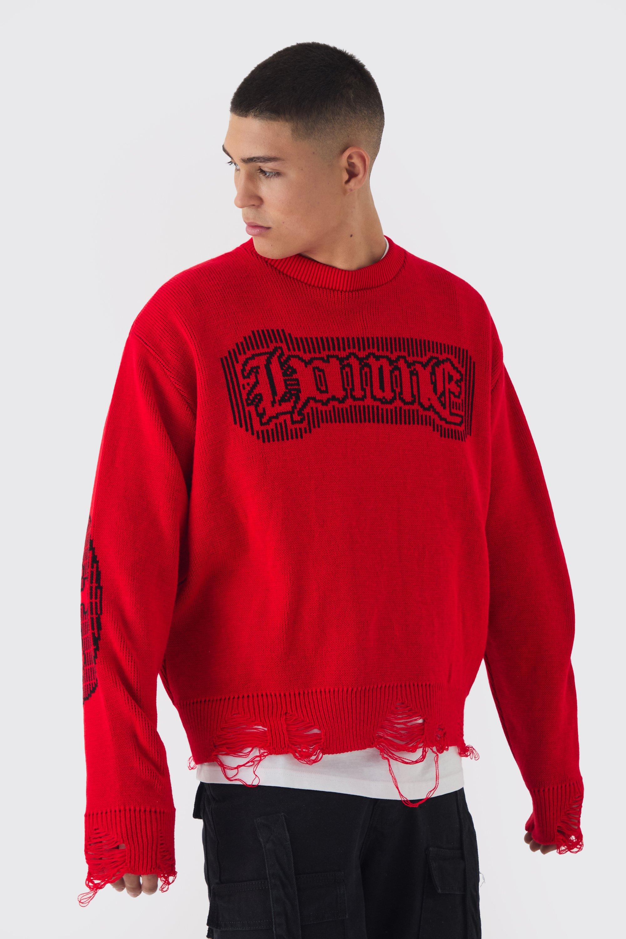 Mens Red Oversized Crew Neck Homme Distressed Cross Knitted Jumper, Red
