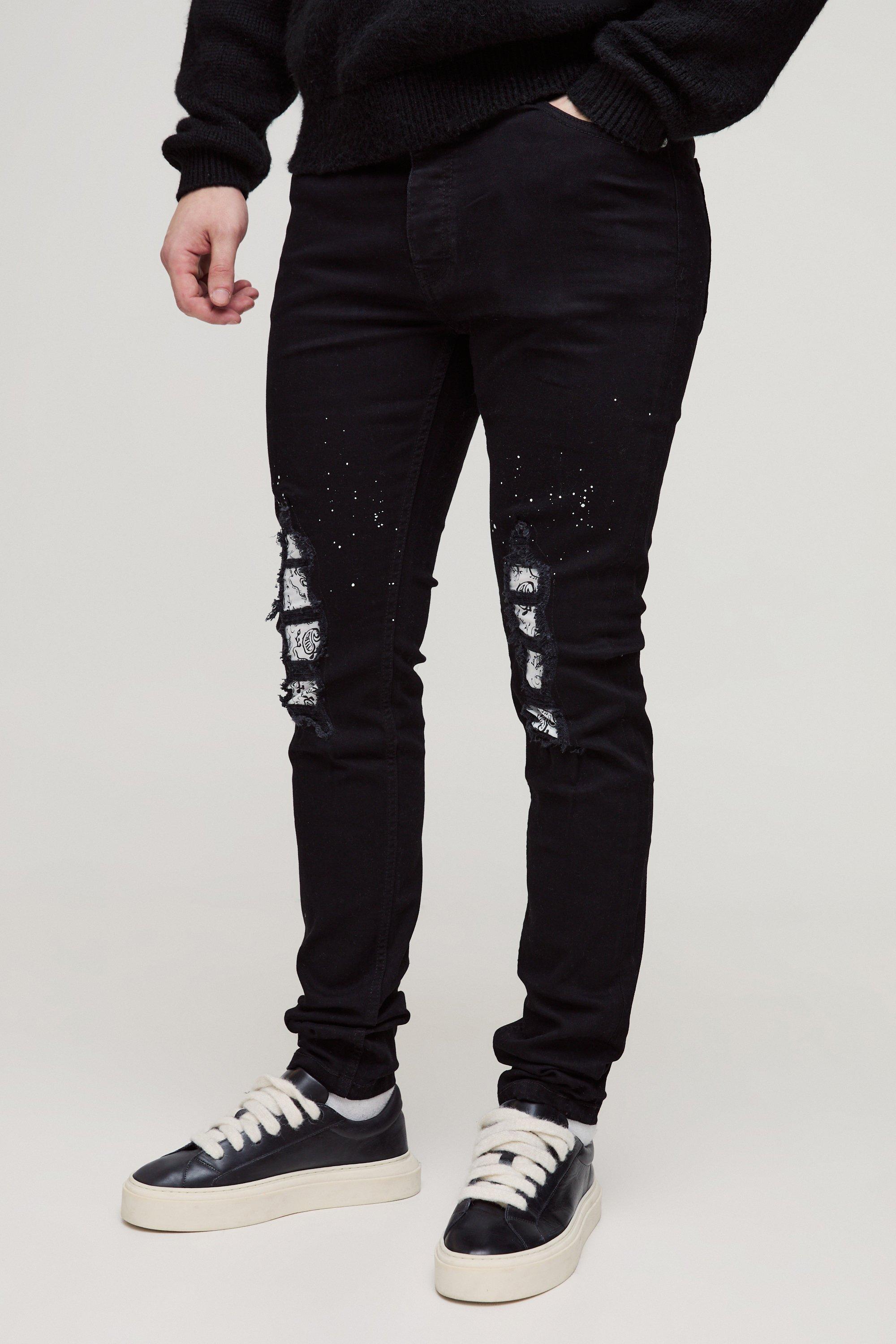 Jeans Tall Skinny Fit con strappi & rattoppi in fantasia a bandana con schizzi di colore, Nero