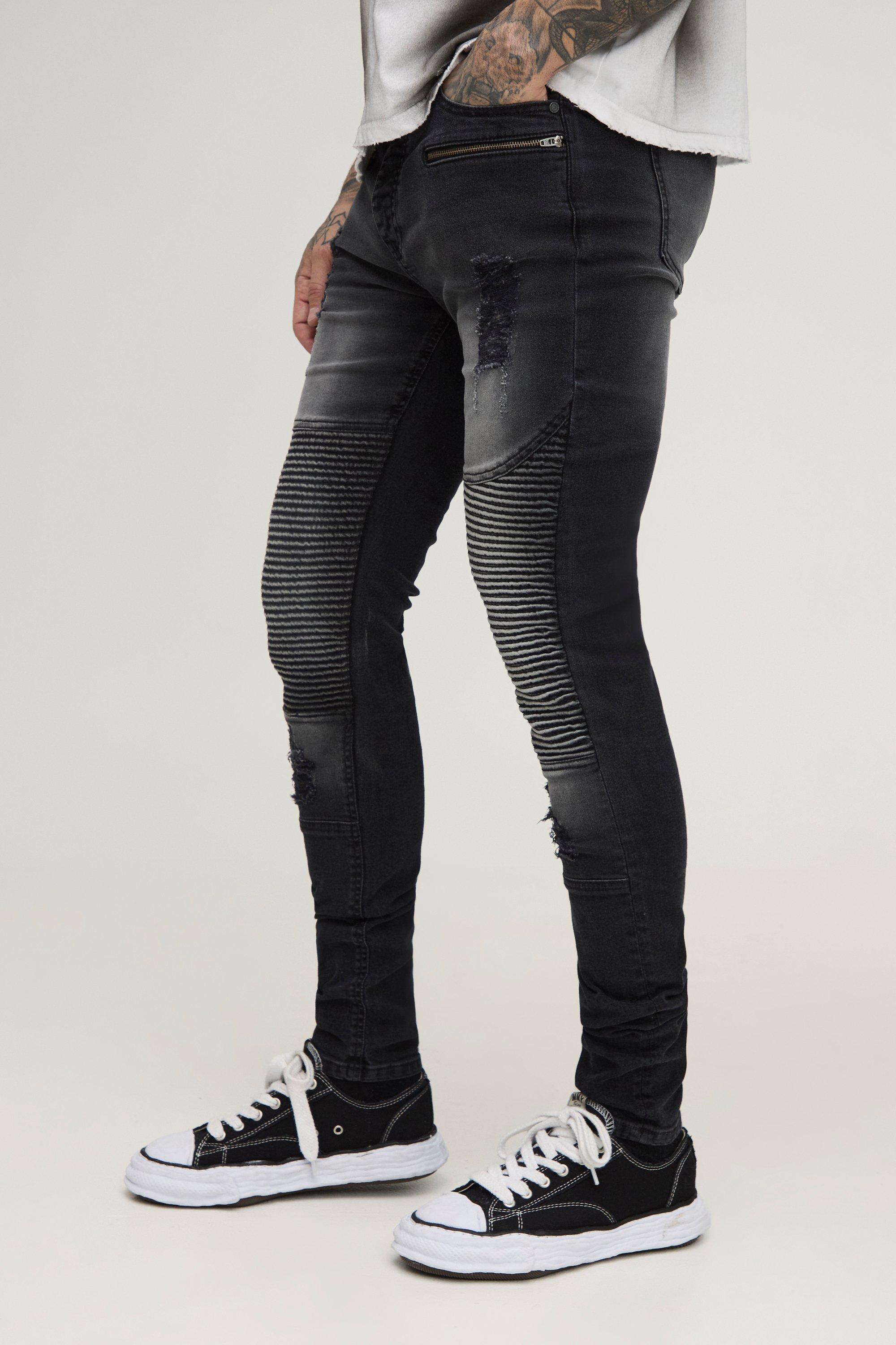 Jeans da biker Tall Skinny Fit slavati con zip e smagliature, Nero