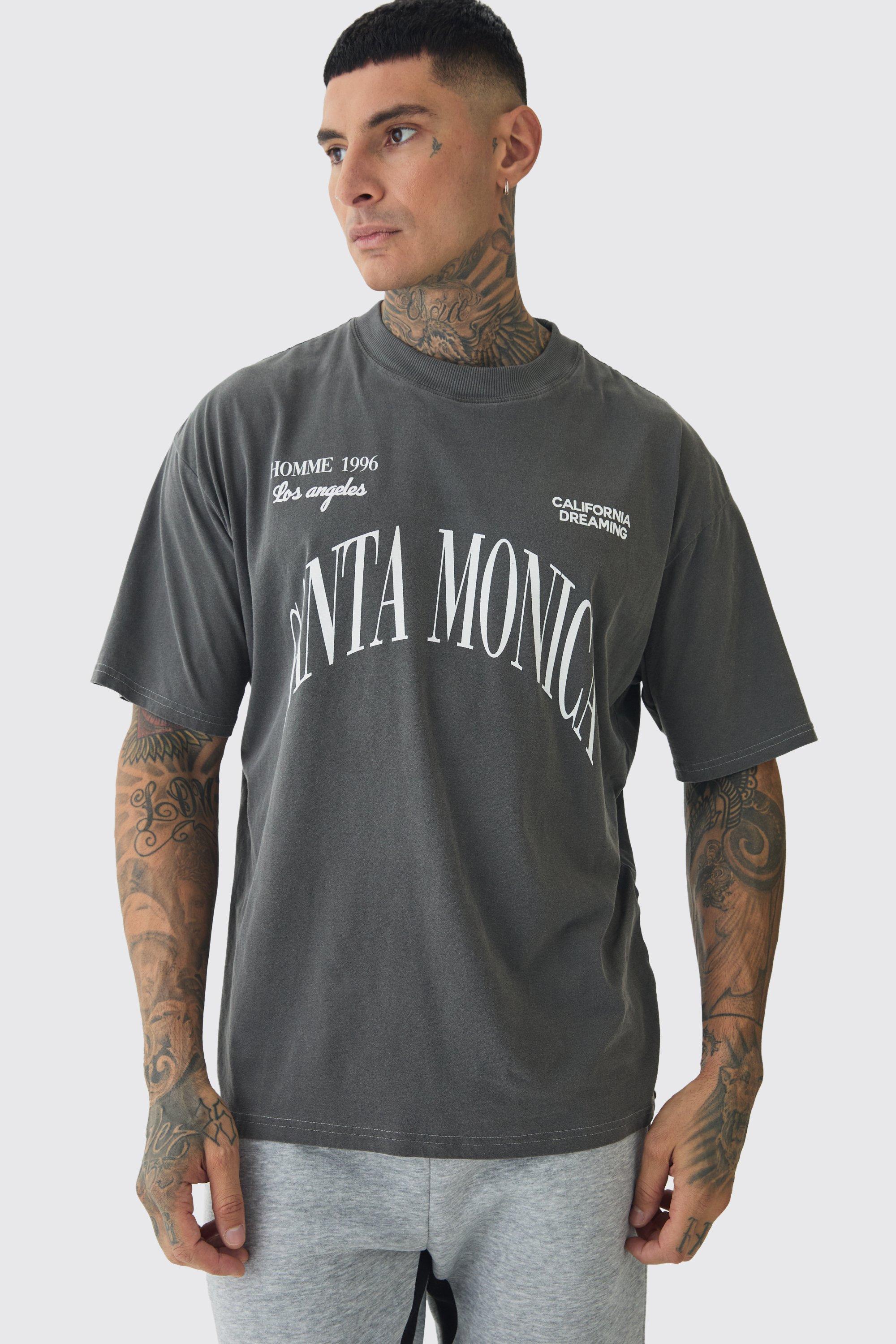 Mens Grey Tall Oversized Acid Wash Santa Monica Varsity Print T-shirt, Grey