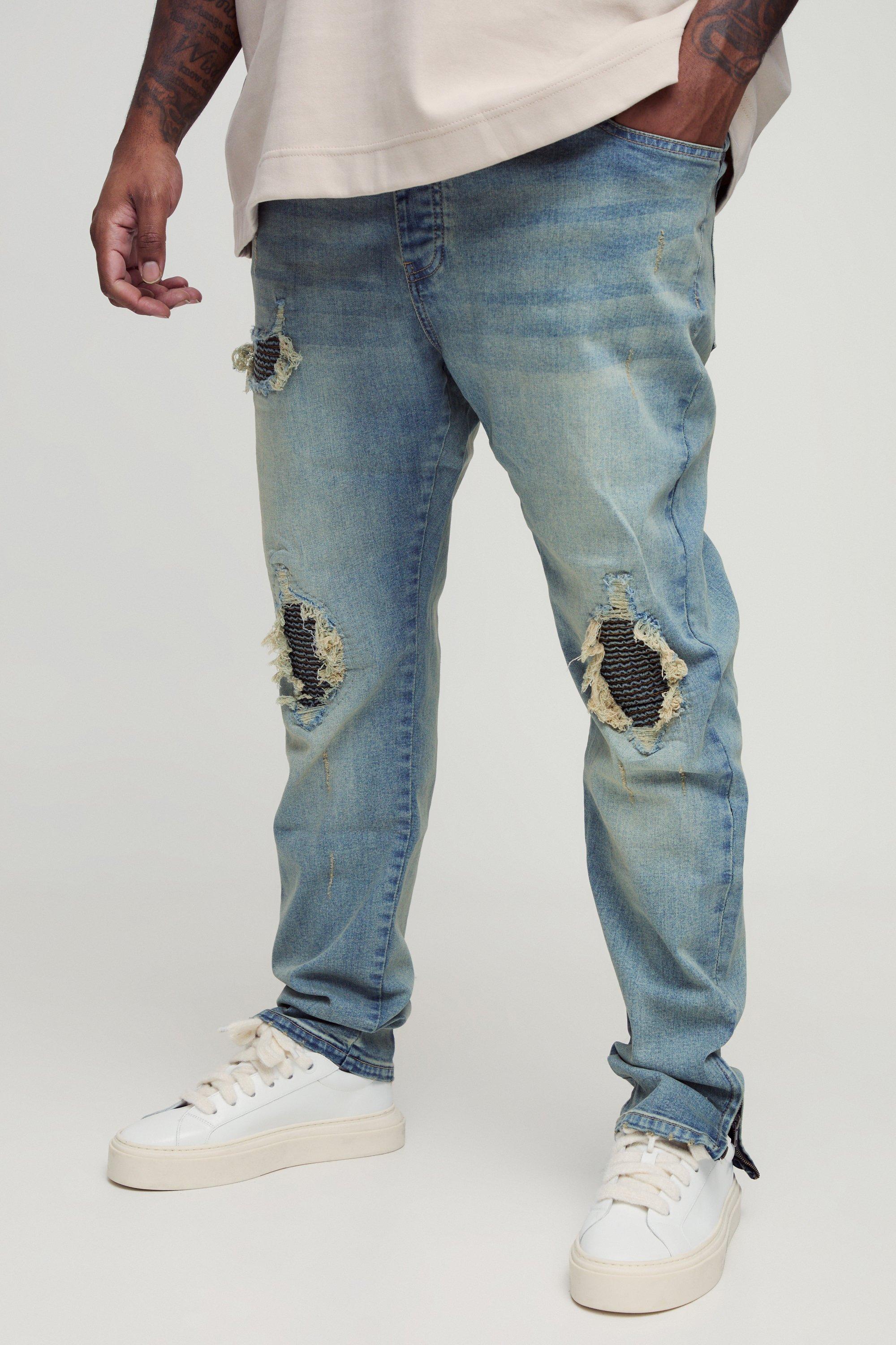 Mens Blue Plus Biker Rip & Repair Stonewash Zip Hem Skinny Jeans, Blue