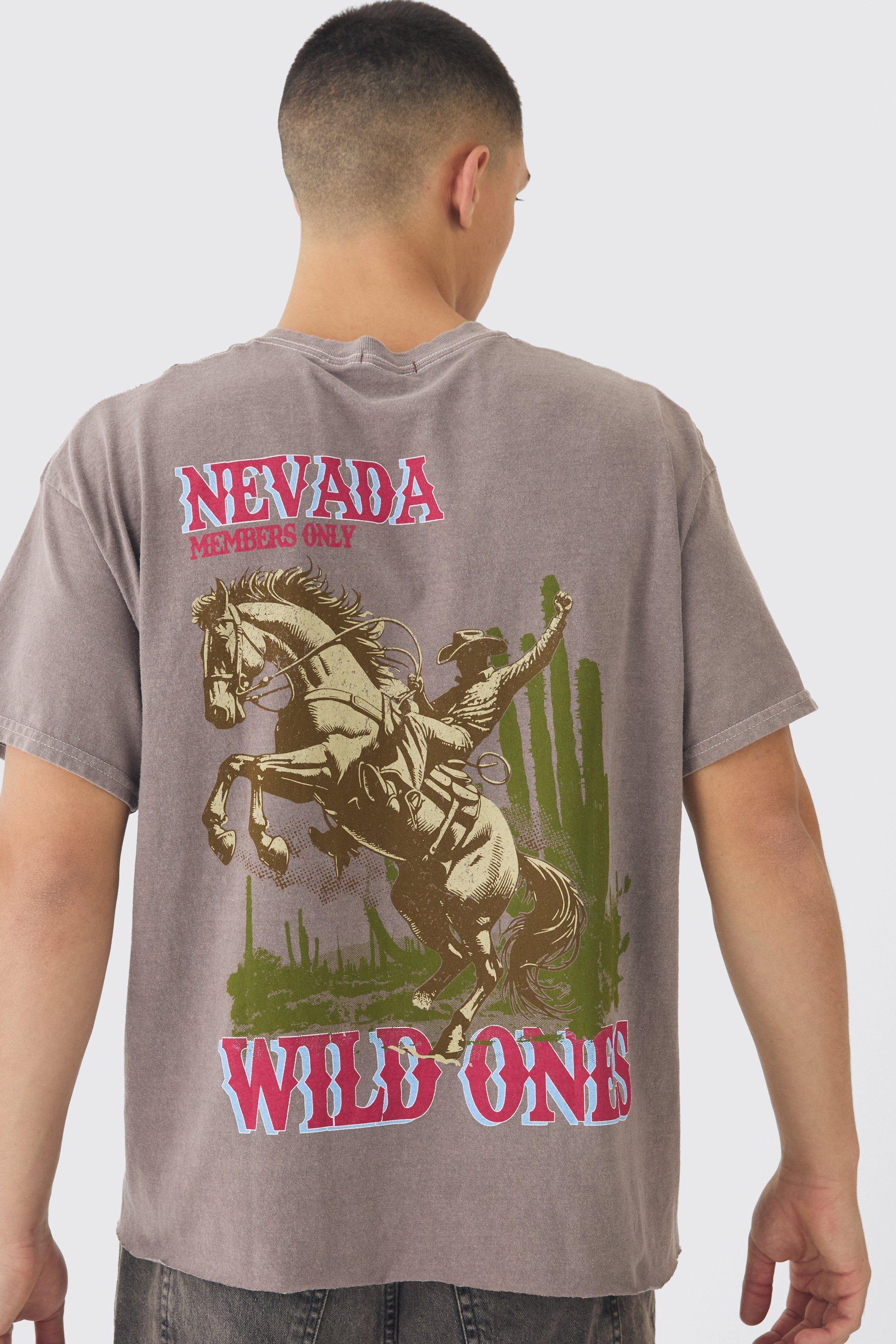 T-shirt squadrata oversize slavata con stampa Wild Ones sul retro, Brown