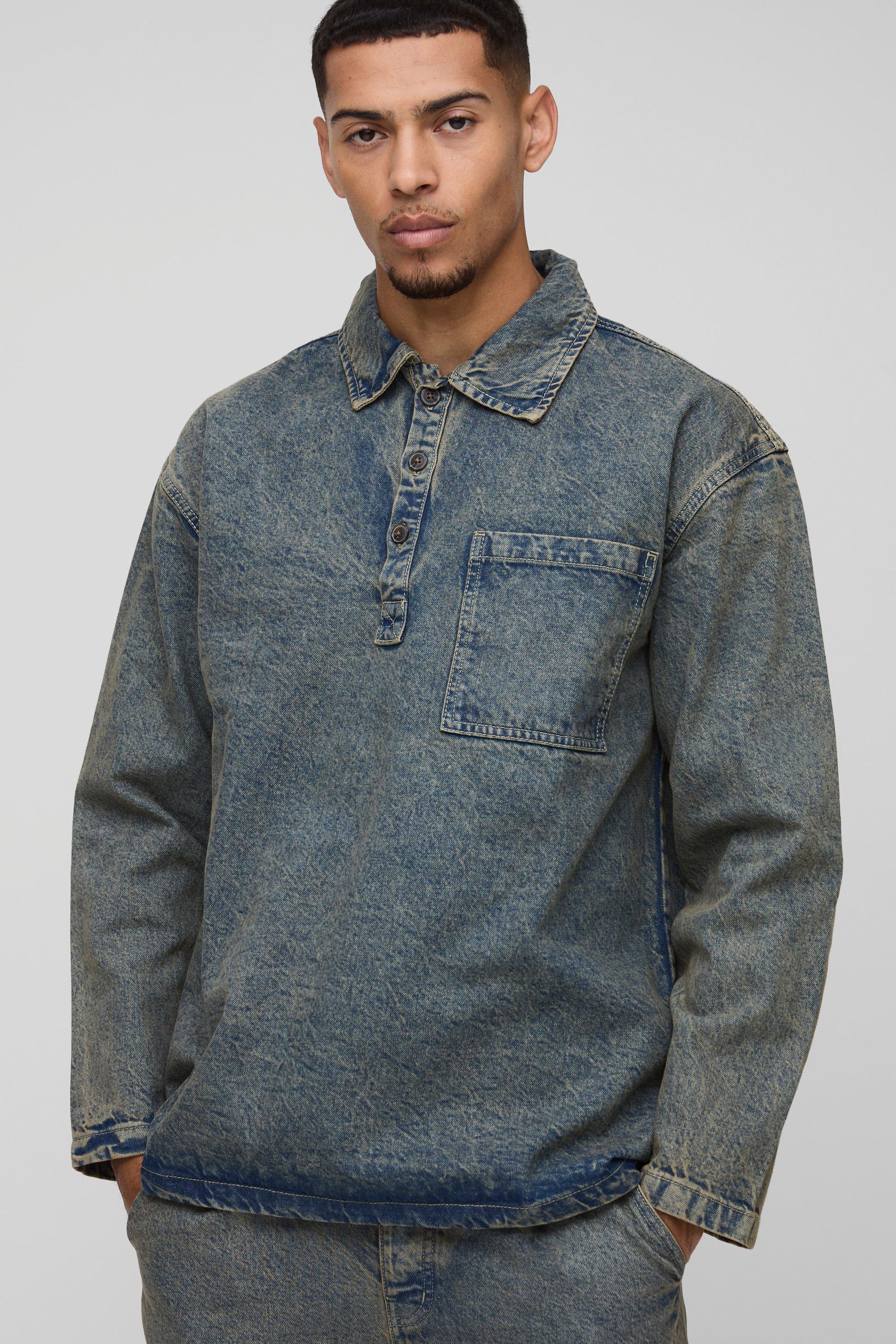 Mens Grey Oversized Denim Rugby Shirt, Grey