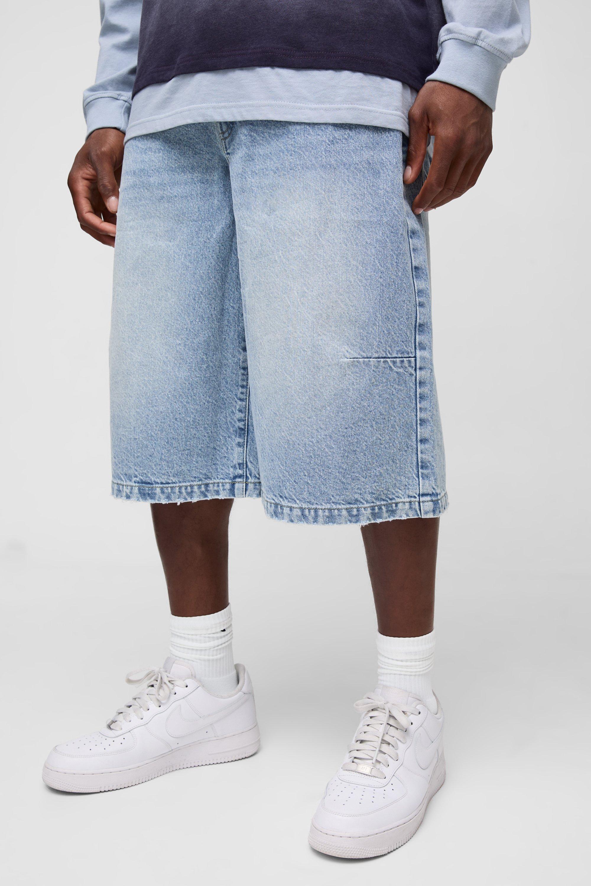 Mens Blue Washed Distressed Hem Jorts, Blue