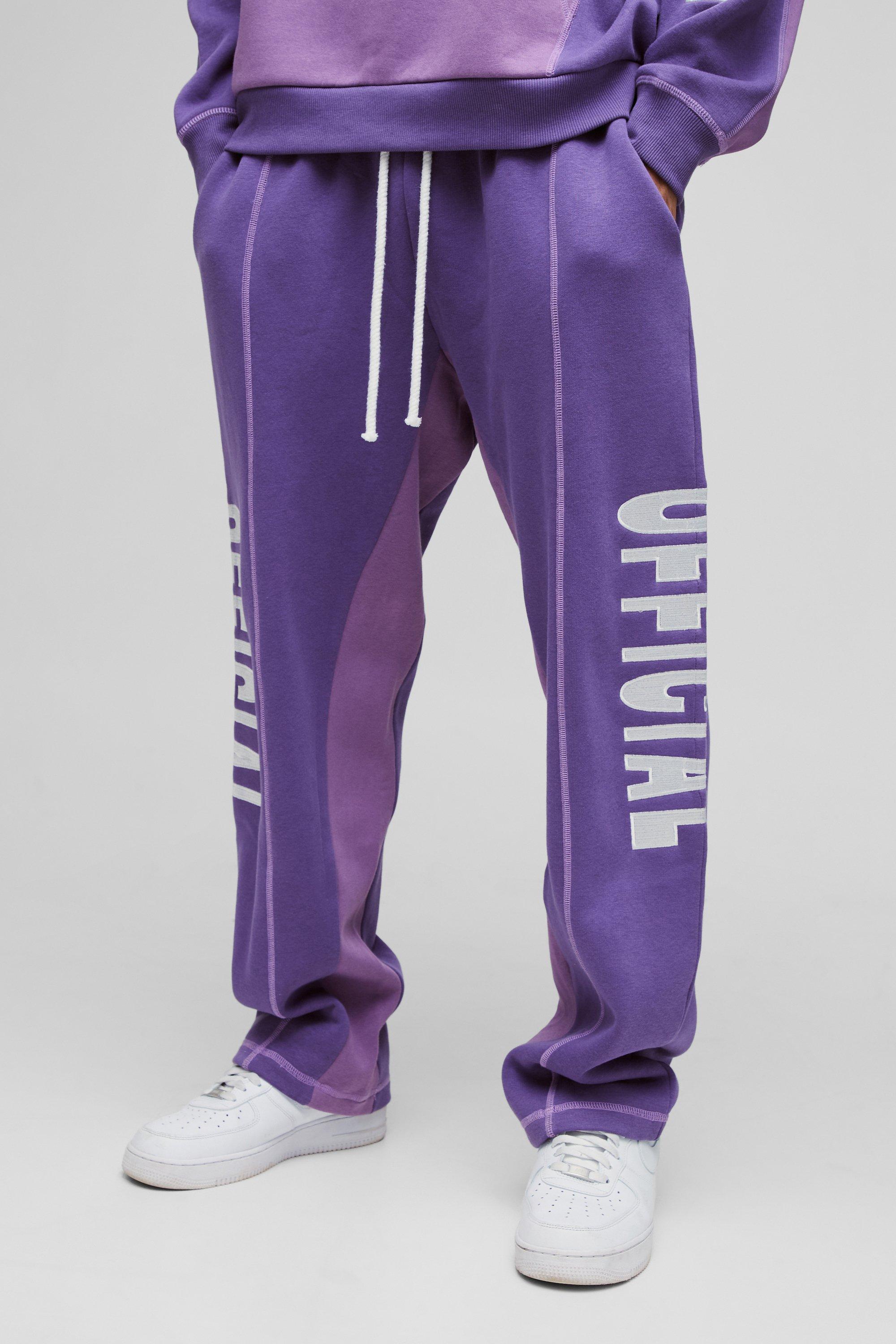 Pantaloni tuta oversize a blocchi di colore con ricami Official e cuciture a contrasto, Purple