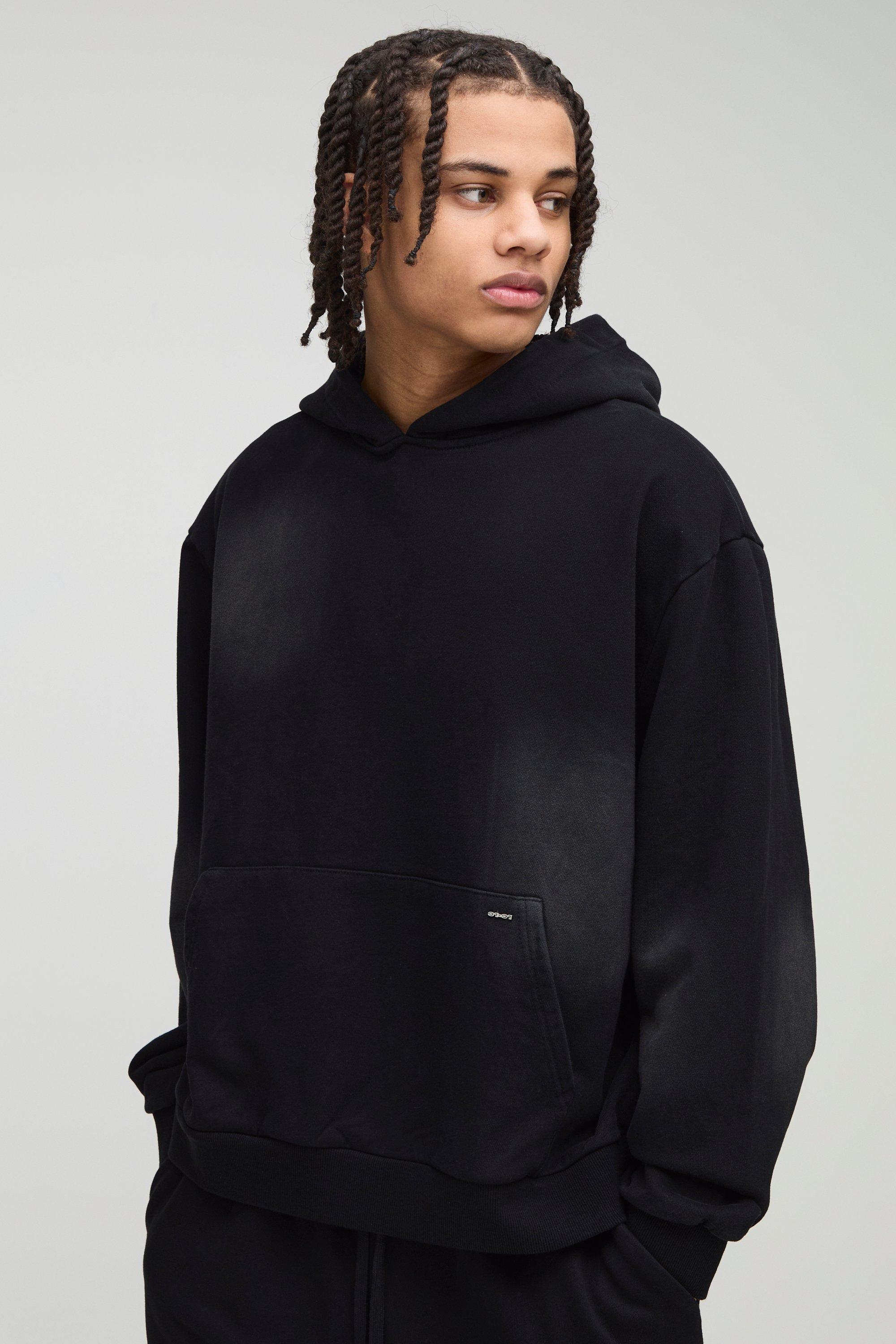 Mens Black Premium Heavyweight Boxy Washed Hoodie, Black