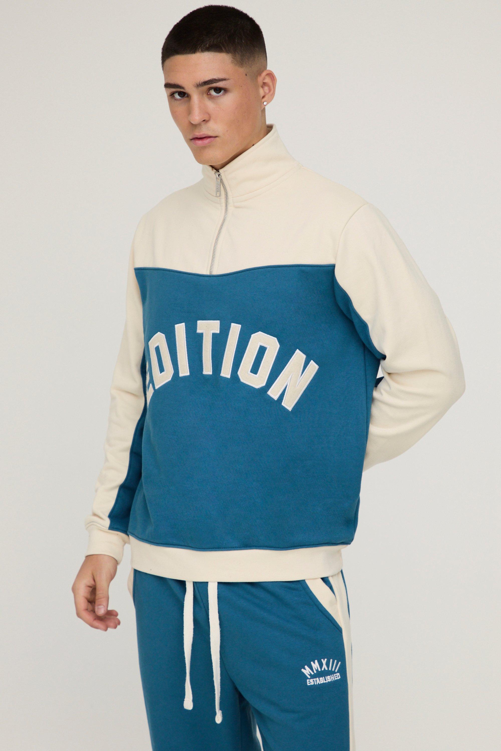 Regular Fit, applique con zip corta, collo a imbuto a blocchi di colore, zip corta sul retro, Azzurro