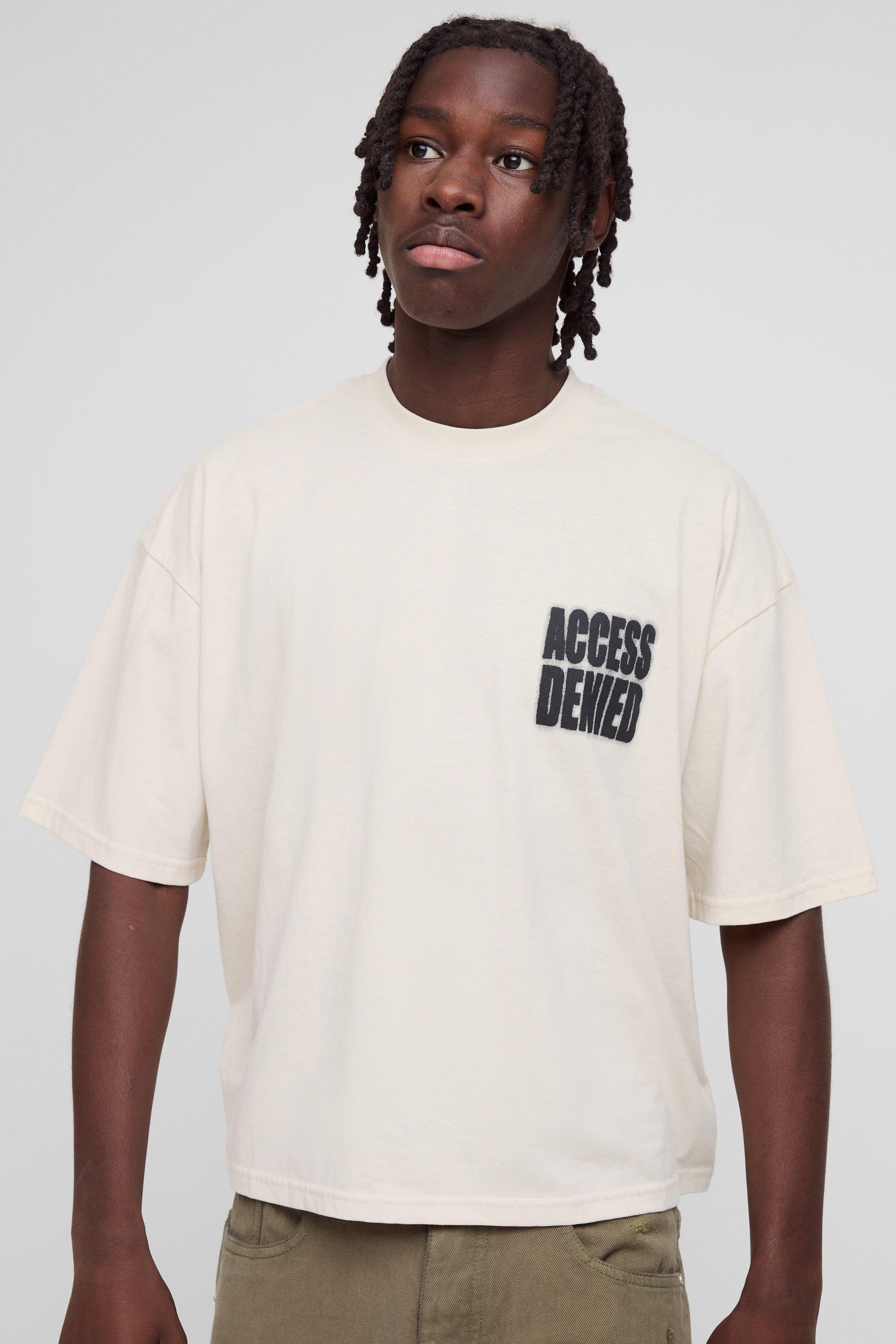 Mens Cream Oversized Boxy Access Denied Print T-Shirt, Cream