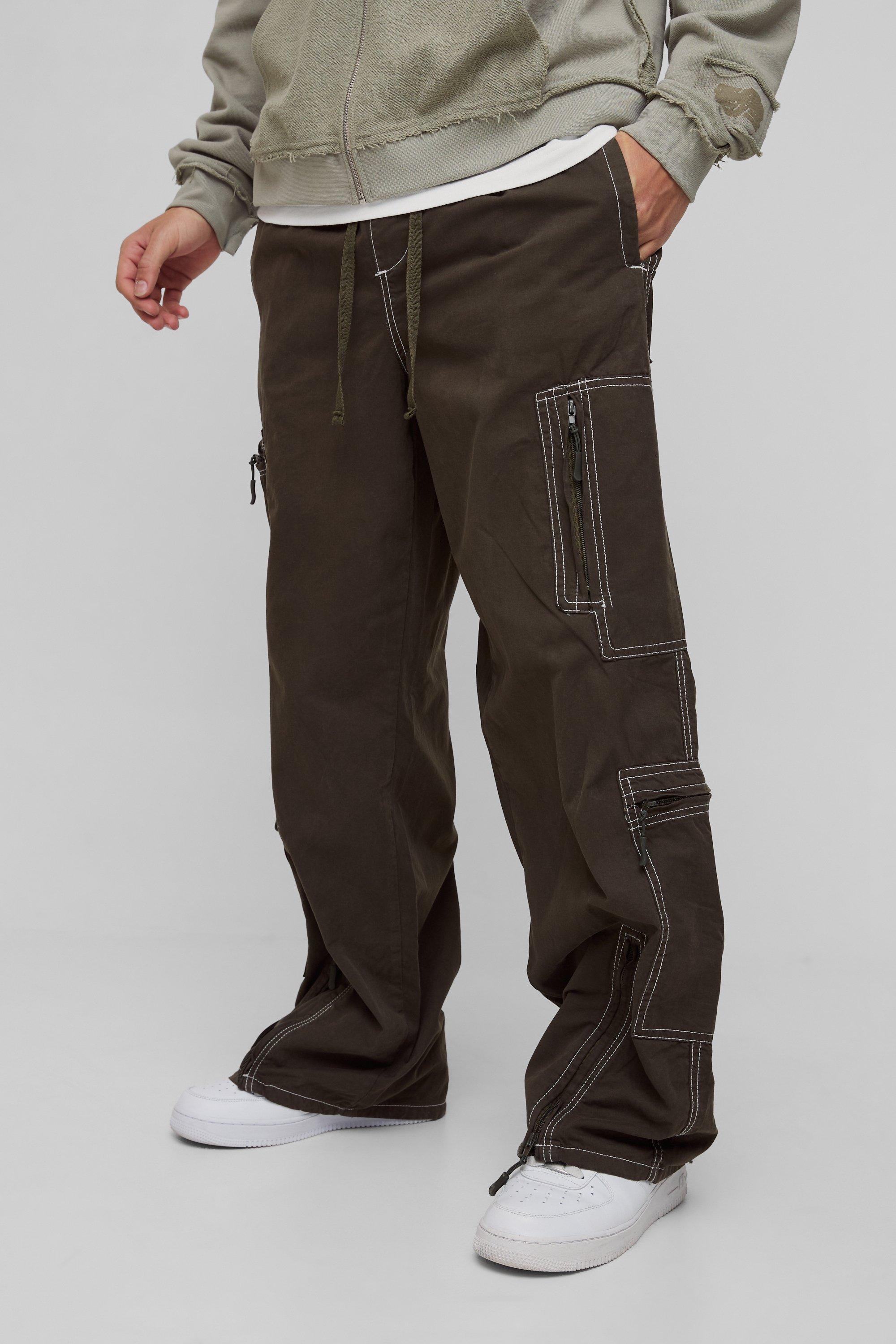 Mens Green Elasticated Waist Baggy Canvas Contrast Stitch Cargo Trousers, Green