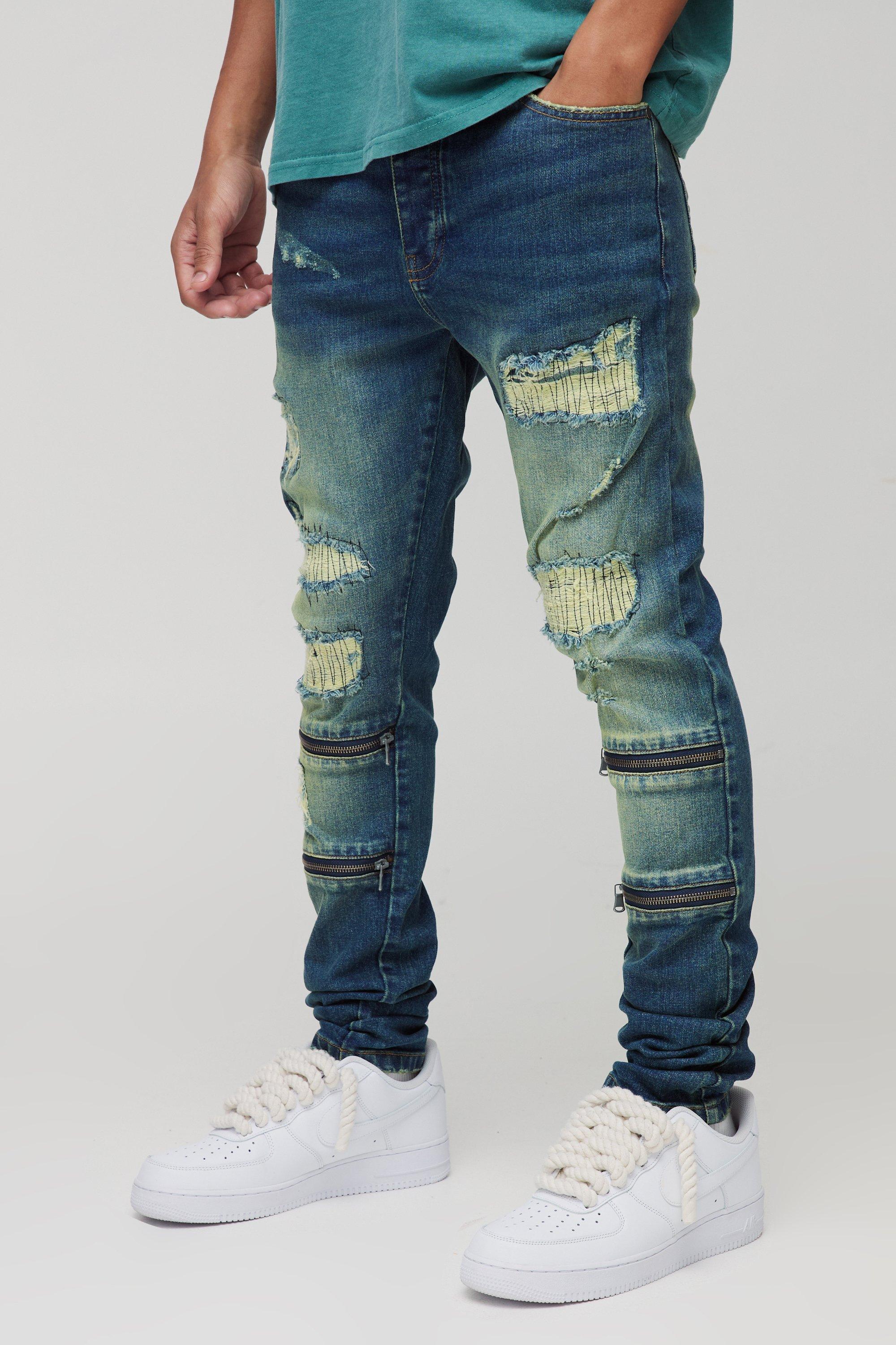 Jeans Skinny Fit in denim Stretch con strappi & rattoppi e zip, Azzurro