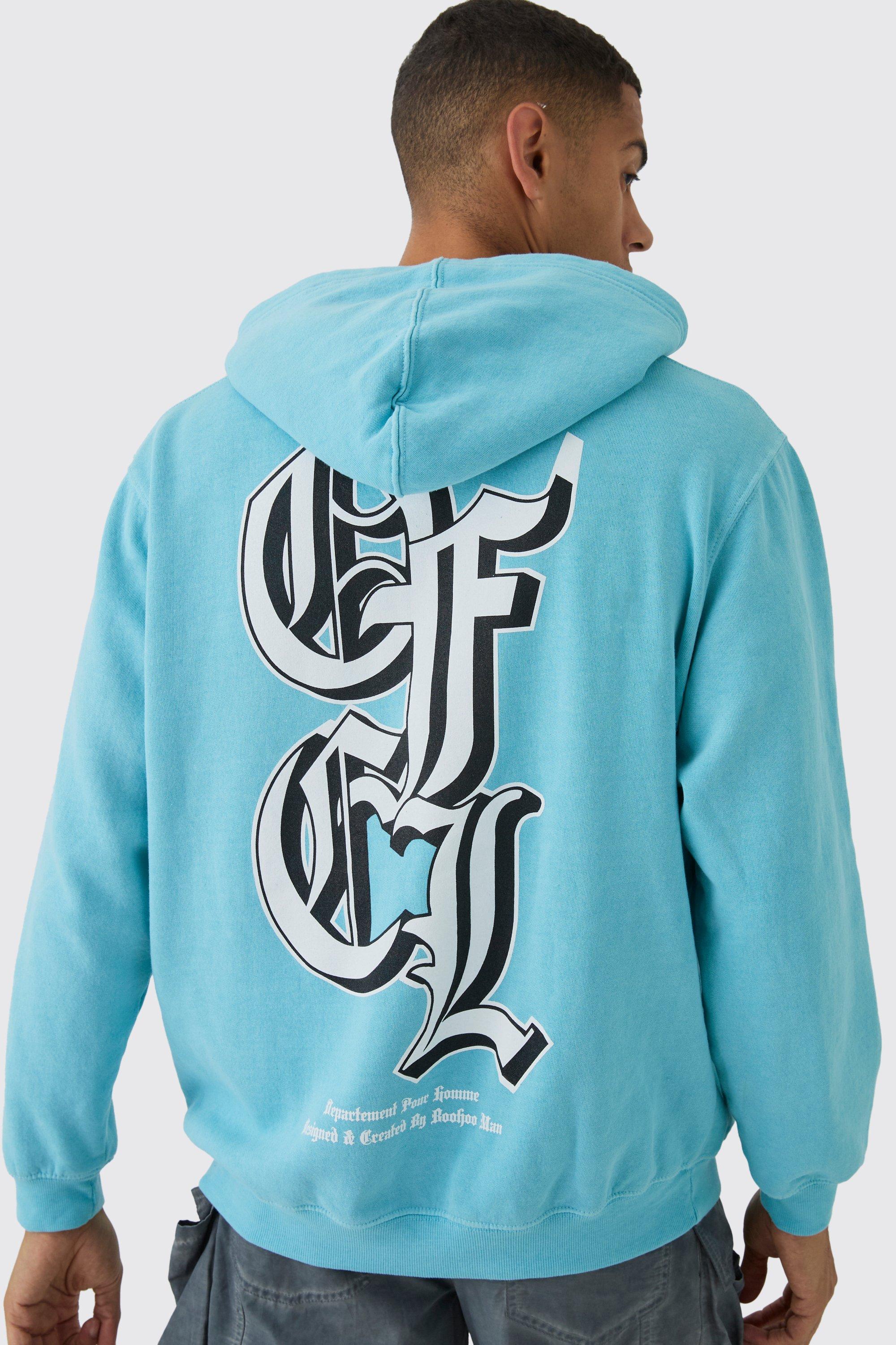 Mens Blue Oversized Gothic OFCL Printed Washed Zip Through Hoodie, Blue