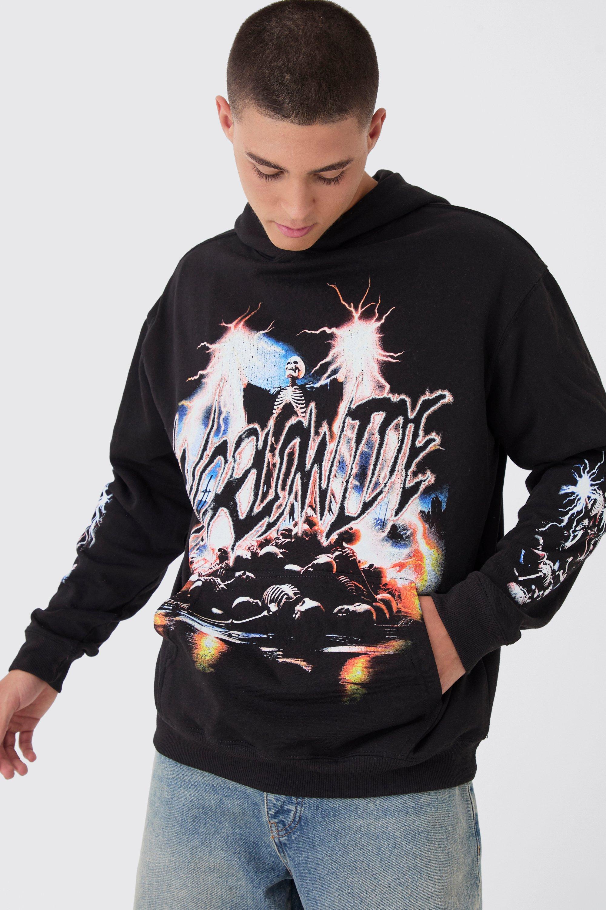 Felpa oversize Worldwide con stampa di scheletro e cappuccio, Nero