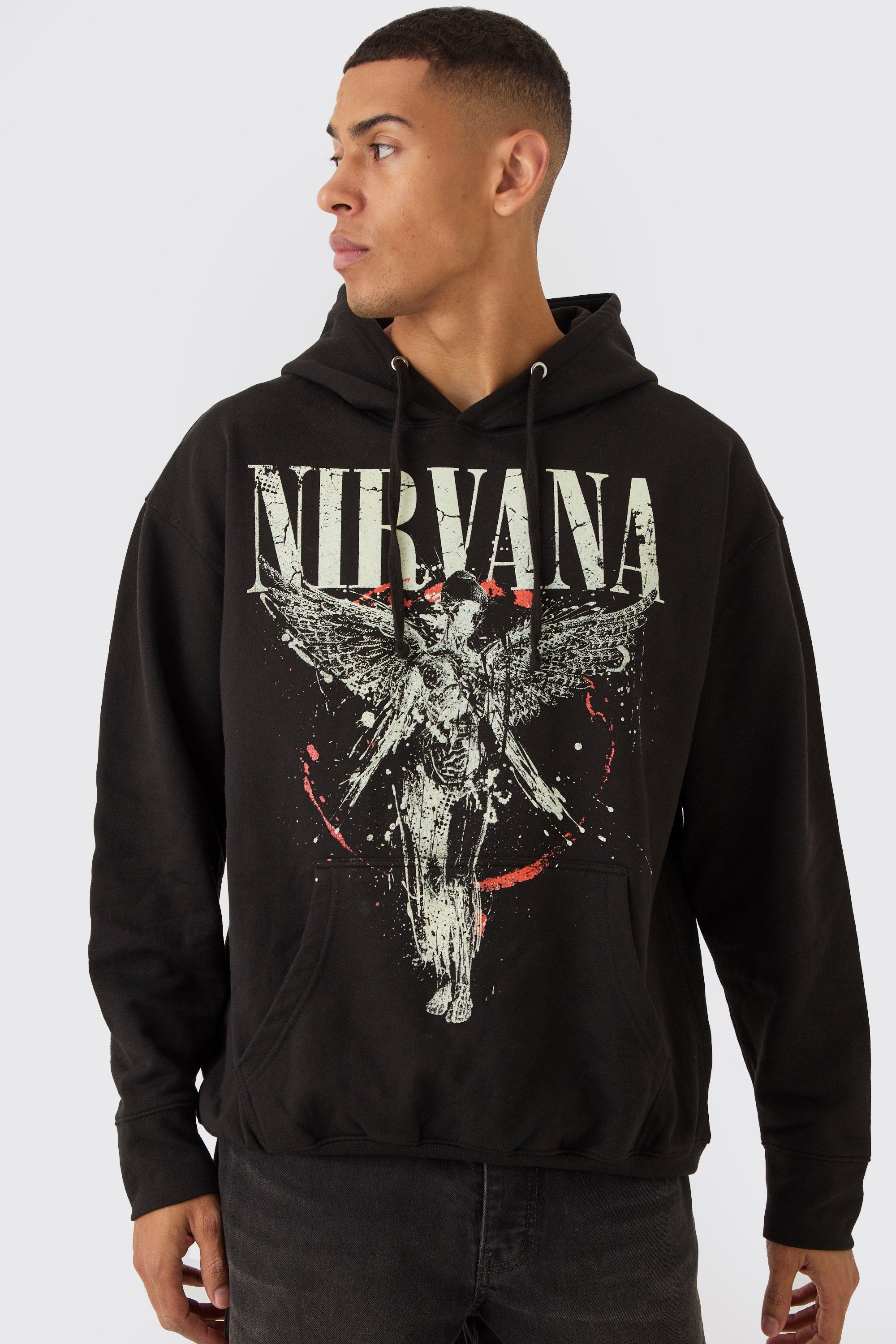 Felpa oversize ufficiale con stampa Nirvana e cappuccio, Nero